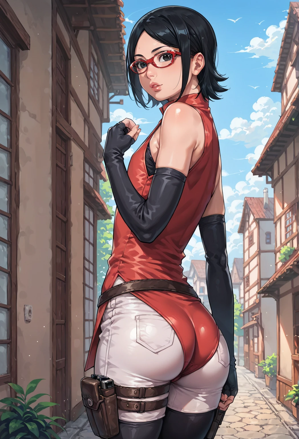 ((((((1boy)))))), fluffy gray hair, ((big sharp cat ears)), cat tail, slim figure, ((pale skin)), sky blue eyes, joyful, big thighs, big butt, fangs, slim waist, lean figure, skin pale, youthful appearance, (((bulge))), black booty gym shorts, black thigh socks, black coat, twink
