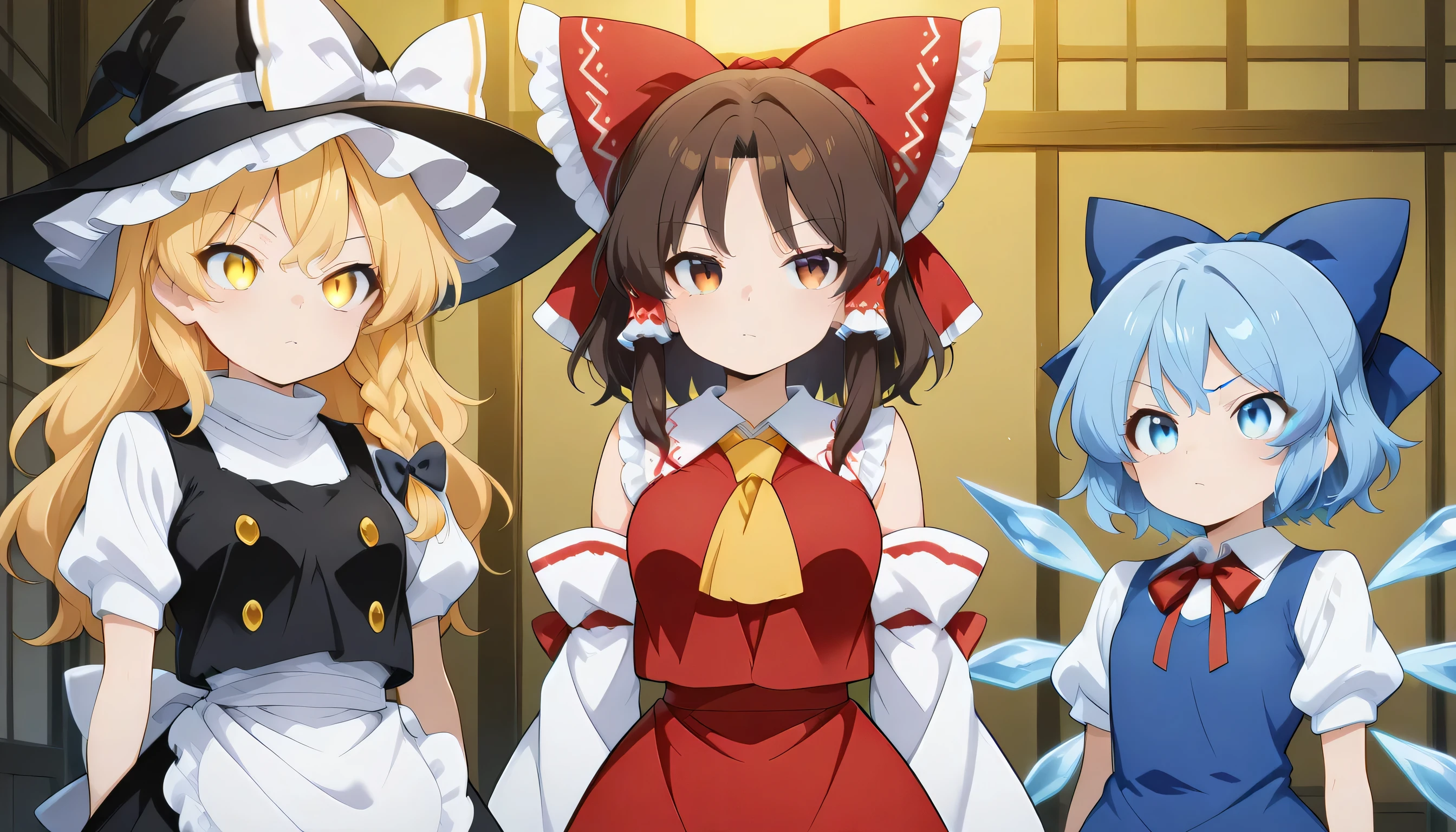 3girl, huge_breasts, ,Give your images flat even illumination (negative) or dramatic chiaroscuro lighting (positive),glowing eyes,marisa, , blonde hair, yellow eyes, single braid, witch hat, hair bow, black bow, white ribbon, black skirt, black shirt, short sleeves, waist apron, white sleeves,hakurei reimu, , , brown eyes, brown hair, long hair, sidelocks, hair bow, hair tubes, frilled bow, yellow ascot, red shirt, ribbon-trimmed detached wide sleeves, red skirt,multiple_girls,,cirno, blue eyes, blue hair, short hair, ice wings, ice,
bow, hair,blue bow, dress, blue dress, short sleeves, blue bow, puffy sleeves, red ribbon,