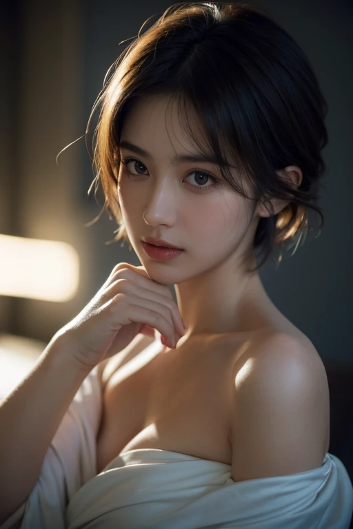 masterpiece, best qualitiy, RAW photos, realisticlying, A high resolution, hyper-detailing, Focus on the face, looking at viewer, Detailed eyebrows, realistic beautiful eyes, realistic glossy skin, straight Bangs, realistic movie lighting, detail shaded, high contrast, Slender, big boob, Big breasts, Exposed cleavage, nsfw, Sexy face, Facial expressions when receiving pleasure, ((Dark background)),