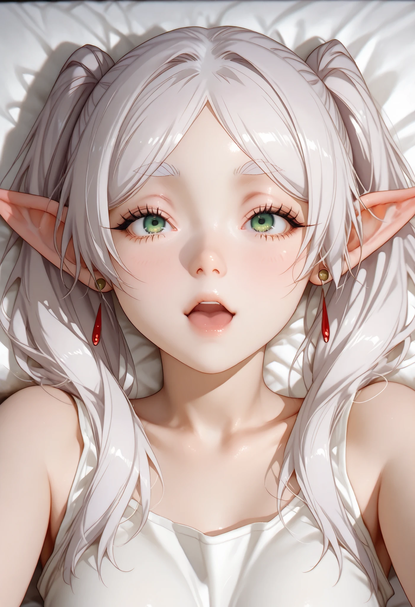 ultra detailed realistic busty frieren half body, white hair, green eyes, white tanktop transparat, background, ray tracing,  twintail hair, lie on the bed, perfect cute face, cute pose sexy,