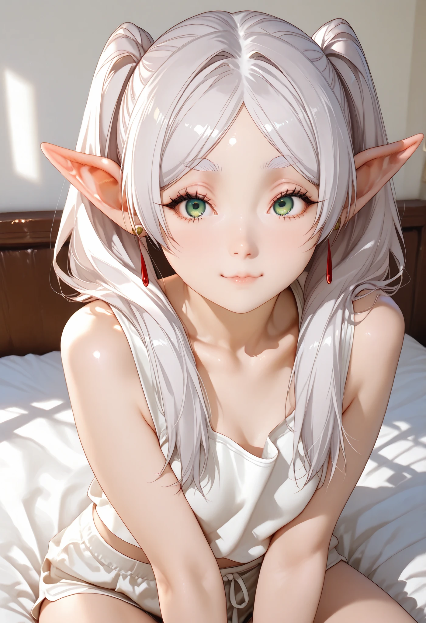 ultra detailed realistic busty frieren half body, white hair, green eyes, white tanktop transparat, background, ray tracing, twintail hair, sitting on the bed, perfect cute face, cute pose sexy,