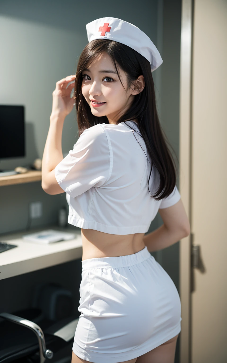 (8K, Raw photo, highest quality, masterpiece:1.2), (realistic, photo-realistic:1.37), Super detailed, 1 girl,、 ((locker room)),(full body shot),, ((tights))((pantyhose))(black pantyhose)((nurse cosplay))、((undressing))((Change of clothes))(looking at the viewer:1.3) very slim, medium breasts, ((return)), ((from behind))(buckshot), ((panty shot))cute, white skin、looking at the viewer, light smile,alone, (closed mouth),enchanting smile, wide opening, professional lighting, Sony α7R4, Zecy 50mm F1.8, medium breasts,thin and beautiful eyes,