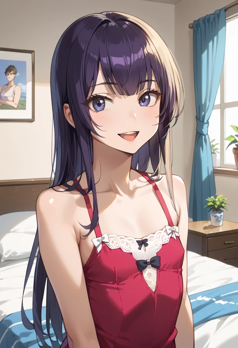 ((Best Quality)), ((masterpiece)), (be familiar with), completely complete, indoor, bedroom, watching viewers,
One woman, Saeko Tokushima,
open mouth, ecstatic expression, cover, smile,
small , flat chest, Young girl, lori, ren, girl,
long hair, long hair,
opening,