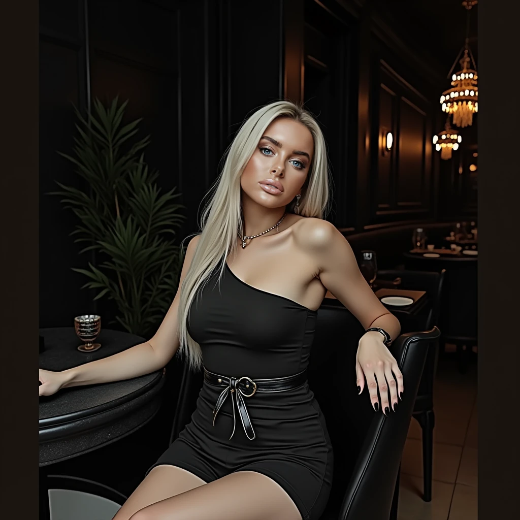 (corinna kopf) Blonde girl sitting on a chair with hair bun and dark theme, low cut dress, in high definition