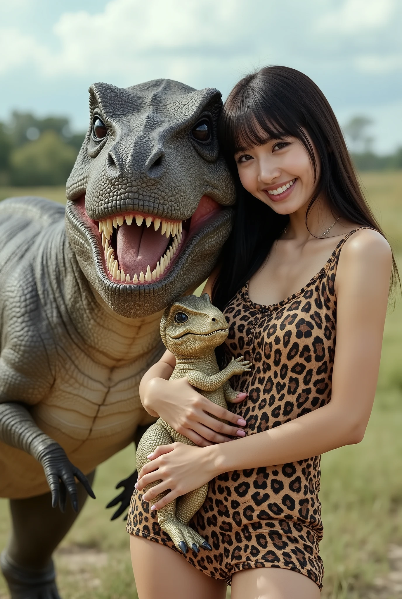 Create a realistic photograph of a beautiful Japanese female singer in a portrait style. She should have a slim body, small bust, and slender legs, with long hair and bangs. She is wearing a Stone Age-style leopard print mini dress. The scene captures her smiling while holding a baby Tyrannosaurus Rex beside an adult Tyrannosaurus Rex, set against a backdrop of a Cretaceous plain. The angle should be dynamic to enhance the visual impact.