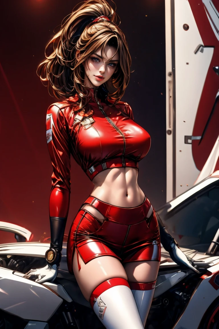a gorgeous woman, brown hair, red bodysuit, navel, cleavage cutout, mechanical antenna interface headset, looking at viewer, photorealistic, 8k, hyperdetailed, dramatic lighting, cinematic, elegant, striking pose, intricate details, beautiful woman, realistic skin, beautiful eyes, sharp focus, vibrant colors, dynamic composition