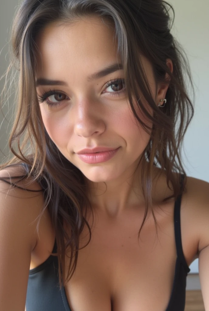 a selfie of a 24-year-old woman, long and wavy hair, dark brown, Slavic ethnicity, taken with an iPhone camera