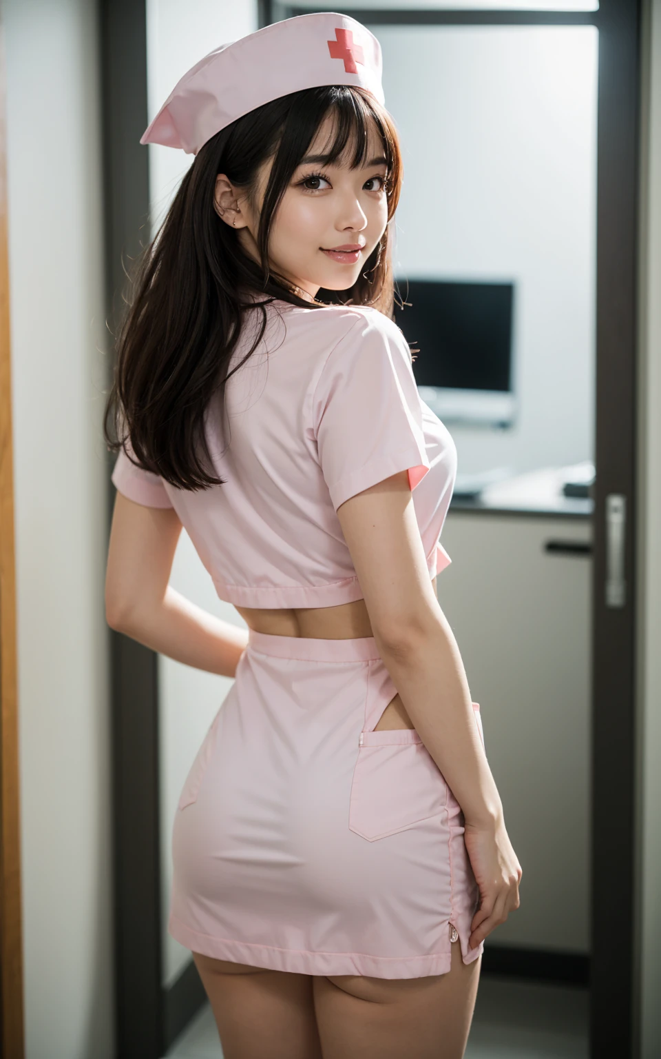 ((Shooting from the knee up))((Looking at me with an evil smile))One-person viewpoint, (masutepiece:1.3), High resolution, ultra-detailliert, the Extremely Detailed CG Unity 8K Wallpapers, Realistic, Photorealsitic, Raw photo, beautifull detailed face, pale skin, realistic glistening skin, Detailed Cloth Texture, detailed hair texture, Perfect body, Beautiful face, acurate, Anatomically correct, Highly detailed face and skin texture, Natural neck length, (Beautiful hands), (Fair skin:1.2), thin legs, Thin feet, Aligned teeth,
BREAK,
Detailed eyes, symmetrical eye, Light brown eyes, Double eyelids, Thin eyebrows, (Glossy lips:1.4), (Sleepy face:1.2), (blush:1.3),
BREAK,
(Classy and cute girl:1.3), (Wear elegant clothes (Light purple) Button shirt:1.2), ((The shirt is a bit lighter))((Elegant slacks made of pink rayon material:1.2), , (Thin and classy pants)
large full breasts, (Slender figure:1.1),
(Dark blonde hair, Wavy Hair, Medium Hair:1.2), ((asymmetrical bangs:1.2)), ((Look at me with a seductive look))
BREAK,
(Rear view of a woman standing in an elevator hall:1.4), ((Turn your butt to the viewer:1.3)), (The shape of the buttocks is faintly visible from the top of the clothes.:1.5)((emphasis on the buttocks))(((The line from the waist to the buttocks is beautiful)))
(Inside the office building)), (((Woman Standing In Elevator Hall))), (View from your feet:1.5), Looking at Viewer, photographed from the back、Low angle shooting