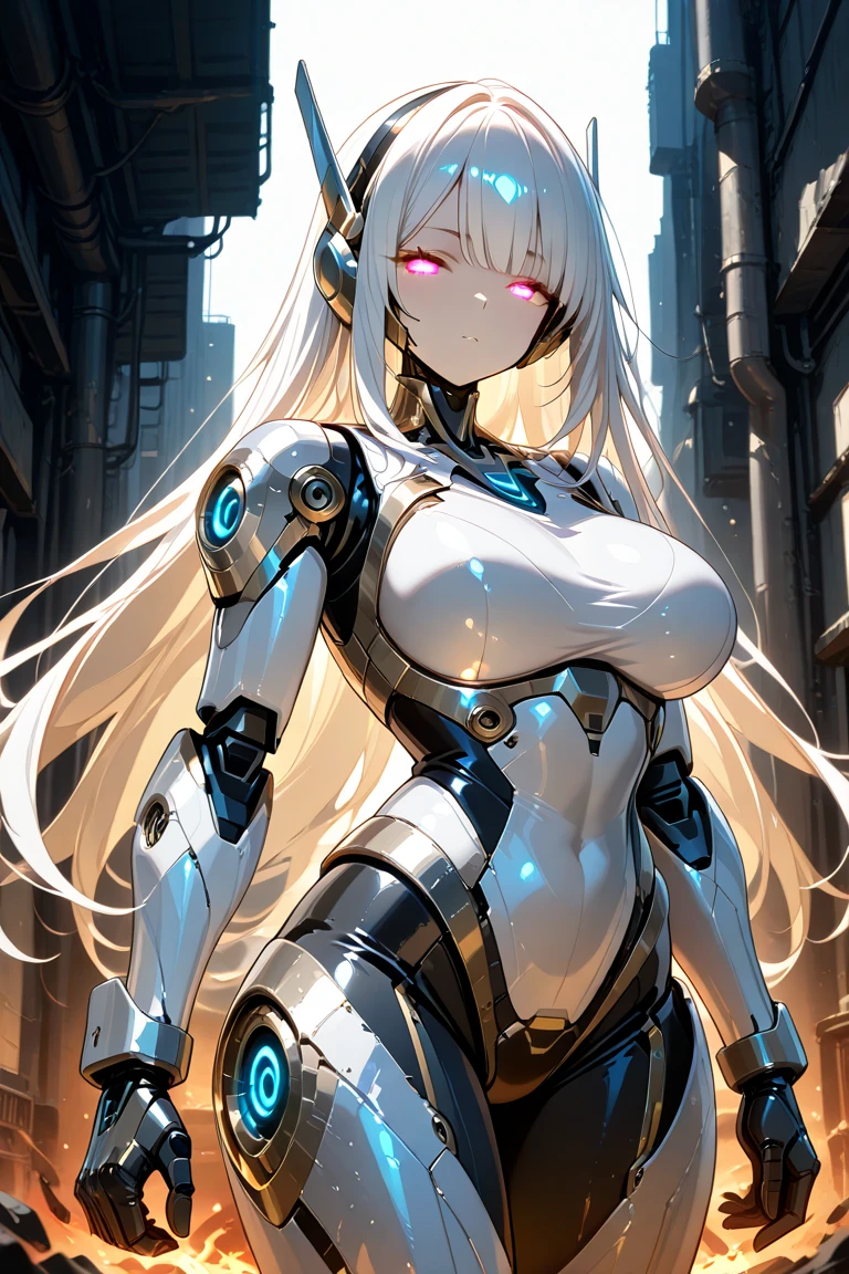UHD, retina, anatomically correct, textured skin, masterpiece, accurateSOLO，high quality,extremely detailed，(1 robot female,human face,long hair),(Silver body:1.7),(shiny skin:1.8),(bright light),(Mobile Suit),(Female type robot),open pose,[detail face]