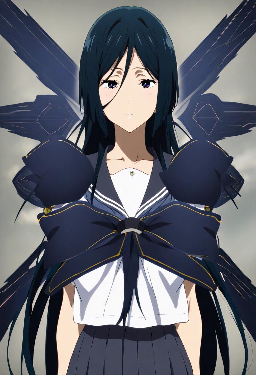 anime girl with black hair and blue highlights with blue eyes and horns  fighting with power of crystals 