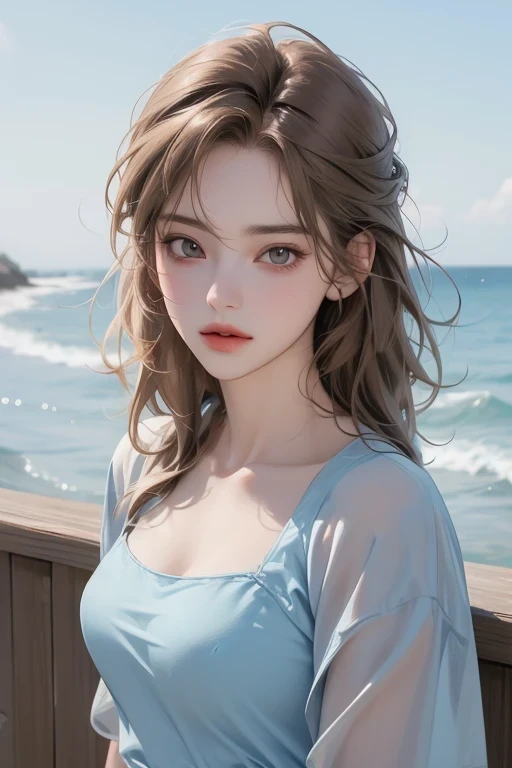 highly detailed, 8K Ultra HD, high quality, A breathtaking watercolor landscape of a model gazing at the sunset, with a small smile on her face, She's wearing a long-sleeved pale blue dress, and her long hair is styled in a loose, natural way, The anime art style gives her an innocent and charming appearance, and her perfect anatomy is evident even in this peaceful pose. The wet-to-wet background technique used by Misulbu creates a beautiful and detailed painting with muted colors, which blends seamlessly with the sunset sky, This stunning 8k resolution concept art portrait was created by the talented artists Greg Rutkowski, Artgerm, WLOP, and Alphonse Beeple, The watercolor style used gives the image a dreamlike quality, as if it's a moment frozen in time, by yukisakura, awesome full color, anime character