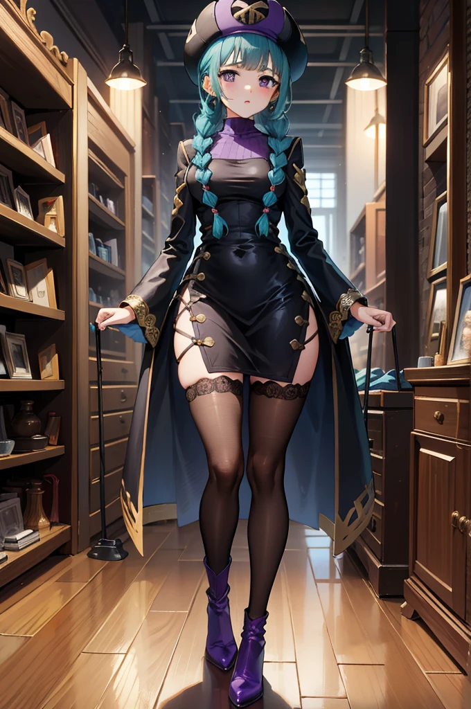 Elaborate CG artwork, (best qualtiy, exquisite detailing, absolute masterpiece), (Head to Toe Image)), ((Full body image)), ((posterior view)), (plus size model)), (chubby), (Beautiful mature woman with mahogany black skin、Wearing too small tight panties and high-heeled knee-high boots), (mahogany colored dark skin))), (Light silver hair))), Detailed beautiful mature face, very detailed beautiful face and eyes, (detailed seductive and sharp eyes), (plump shiny purple lips)), (Purple Eye Shadow), blush, (sadistic seductive smile), (Curvaceous), ( unbelievably huge curvaceous hips), (very huge sensual ass), (ridiculously massive thick thighs), (Very shiny white uniform), (glittery skin), (wet oily skin), Fingernail Art, Jewelry, Bracelet, Graduation Bob, striated hair,hoop earrings, asymmetrical bangs, (From below)