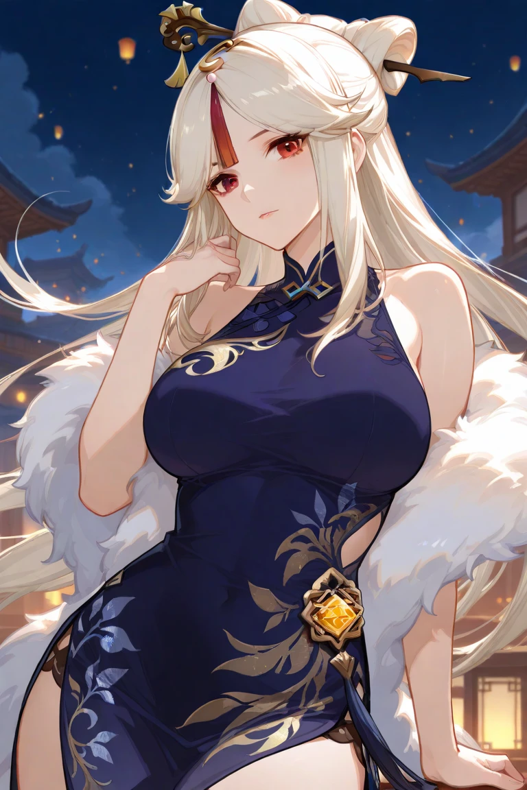 Roro Jonggrang is a legendary figure from Japanese folklore who is renowned for her exceptional beauty, alluring face and cute look. According to tradition, she is said to have possessed a multicolored hair, long white hair with blue hair strands and enchanting blue eyes. She is always wearing chinese traditional dress, which is wearing chinese long dress with dragon pattern, jewelry, gems, accessories, ornaments and wraps around her body perfectly. Roro Jonggrang's appearance is often likened to that of a goddess, with delicate features and a regal presence that immediately commands respect. Her beauty is celebrated across Indonesia and has inspired countless works of art throughout the centuries. 1 girl, solo, solo focus, focus, white skin, intense bright, medium shot, absurdres, high-res, ultra-detailed, white hair, blue hair strands, front view, from front, solo, long ponytail, (long_hair:1.4), huge breasts, (huge_breasts:1.2), perfect breasts, hair ornaments, accessories, embarrassing, blushing, smiling, lunar, new year background, lunar new year background, lantern, night market background, expert shading, extreme light effects, bloom, glare, fireworks, dragon,