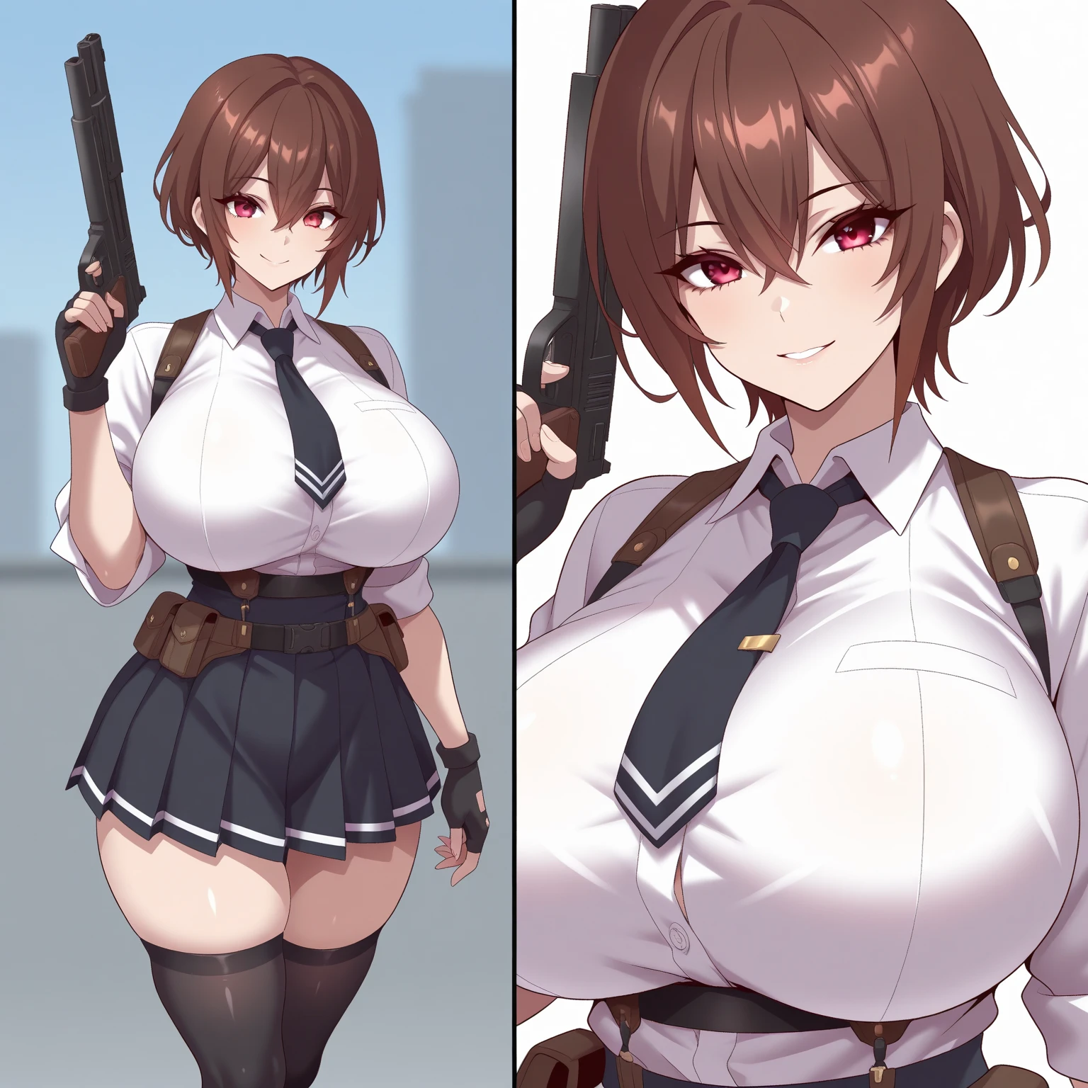 <lora:Hongryeon:0.7>, hongryeon, 1girl, solo, mole under eye, mole, single hair bun, hair bun, bangs, swept bangs, red hair, purple eyes, curvy, mature female, hair ornament, hongoutfit, thighhighs, necktie, skirt, garter straps, gloves, black gloves, jewelry, miniskirt, jacket, earrings, belt, black thighhighs, uniform, red necktie, shirt, (black skirt:1.2), (black jacket:1.4), collared shirt, (grey shirt:1.2), black panties, (see-through:1.5), cameltoe,
nsfw, (masterpiece:1.2), (extreme detailed background:1.3), best quality, high quality, highres, 8k, (photorealistic:1.2), (gigantic breasts:1.2), abs, muscular, thick thighs, wide hips, (narrow waist:1.3), detailed sweaty skin, detailed kawaii face, detailed sweaty clothes, gaping, ultra detailed pussy, (panty peek:0.7), (covered nipples:1.2),
indoors, (science fiction:1.5), in dark warehouse, from side,