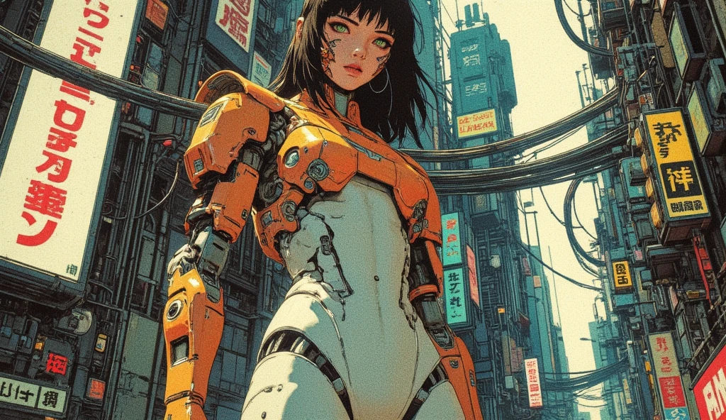 a cyborg, battle angel alita, black turtle neck tight,,  sci-fi streets, 
yellow long coat,  battle painting
( art by ashley  wood , battle stance )
from below  dramatic lighting 
(masterpiece, best quality ),