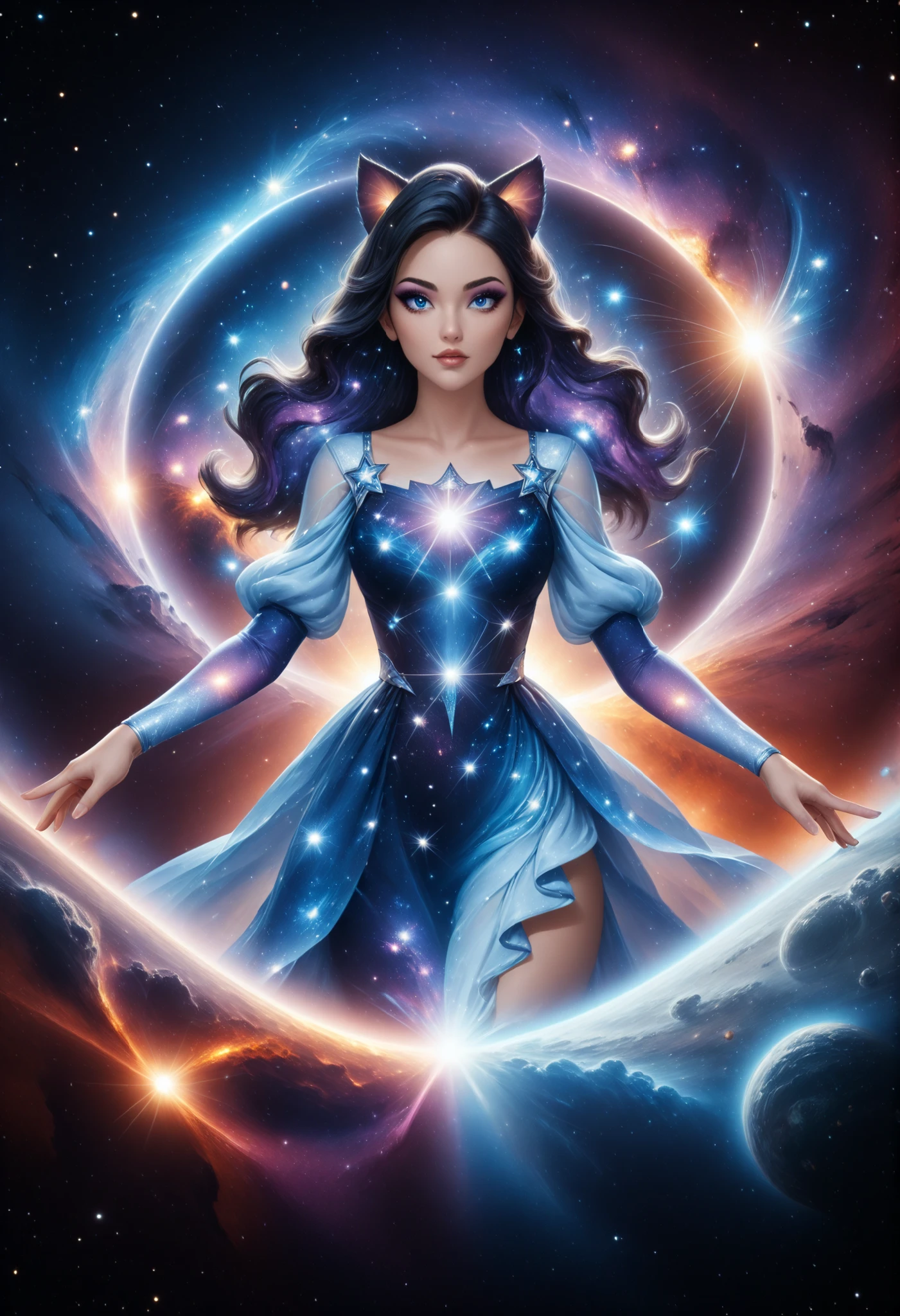 An incomprehensible and spectacular scene from a glowing cloud, A elemental girl,, (Blue fire and dark ice eyes) , 3D, cold colors, (no human),BREAK Non human with ethereal body ((transparent body made with mist) (ghost form), (((stellar goddess very charismatic and charming))), (supernatural being), ((black hair with purple streaks)) ,(Blue eyes), ((cat girl with elegant dress)) BREAK BREAK , ( eyeshadow, eyeliner))BREAK ((her body is covered by a mist and clouds that reflects universe )) BREAK ((cowboy shot view)), ((dark space, galaxy and universe in background:1.3)), dynamic pose, (holding a galaxy in hands ((fading in background) BREAK, (dynamic face), filaments of fractal nebula, Cosmic entities, celestial, Space, Turns, whirling, unreal, high contrast, symbolic, Magic, oversaturated, Colorful, [[[extremely detailed artgerm]]], [optical illusion] Dark curls, storm, vibrant, sunlit, absurdres, impressive, 120mm, outlining, wide thighs, luminous, glittering, reflections, lights, sky