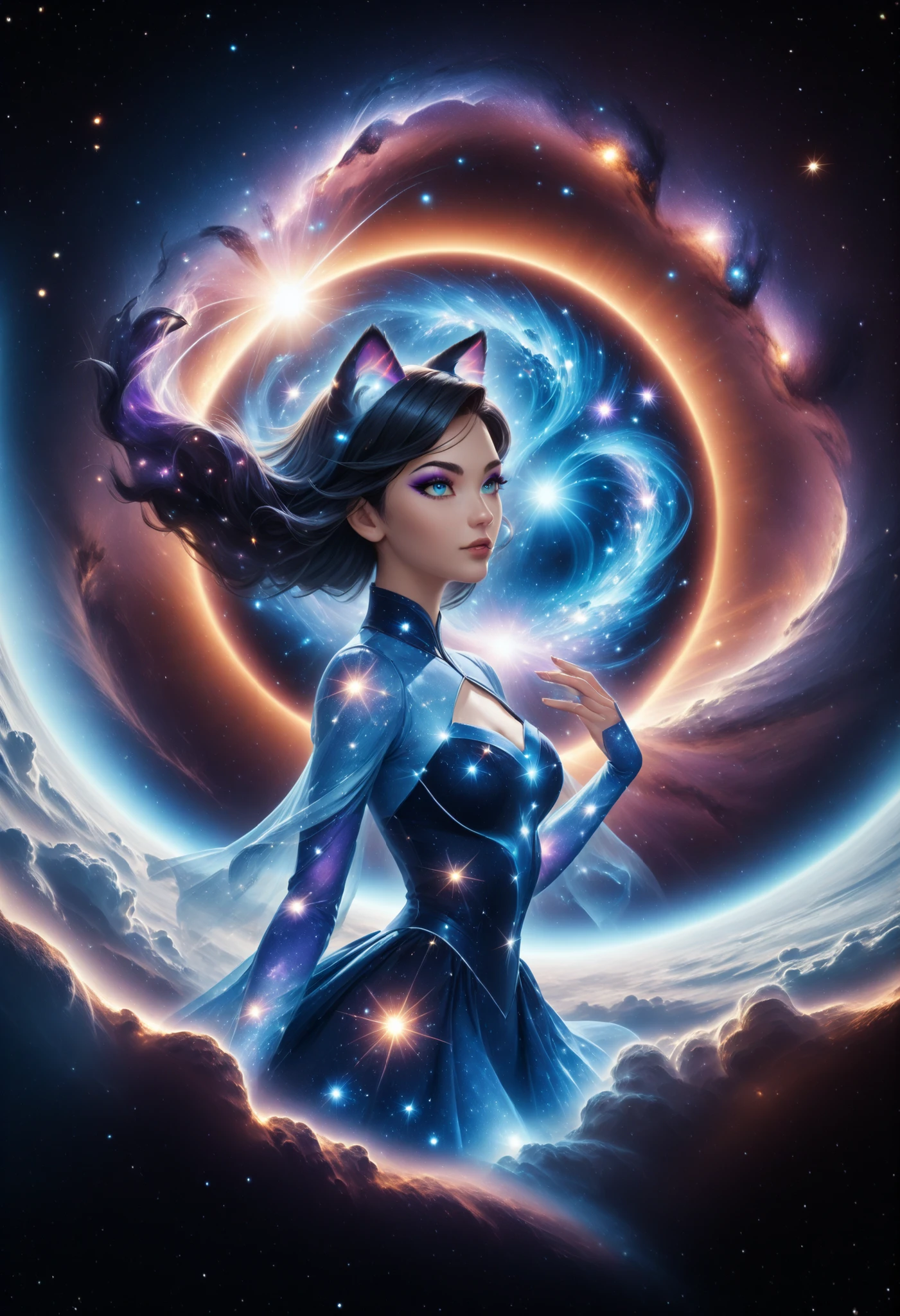 An incomprehensible and spectacular scene from a glowing cloud, A elemental girl,, (Blue fire and dark ice eyes) , 3D, cold colors, (no human),BREAK Non human with ethereal body ((transparent body made with mist) (ghost form), (((stellar goddess very charismatic and charming))), (supernatural being), ((black hair with purple streaks)) ,(Blue eyes), ((cat girl with elegant dress)) BREAK BREAK , ( eyeshadow, eyeliner))BREAK ((her body is covered by a mist and clouds that reflects universe )) BREAK ((cowboy shot view)), ((dark space, galaxy and universe in background:1.3)), dynamic pose, (holding a galaxy in hands ((fading in background) BREAK, (dynamic face), filaments of fractal nebula, Cosmic entities, celestial, Space, Turns, whirling, unreal, high contrast, symbolic, Magic, oversaturated, Colorful, [[[extremely detailed artgerm]]], [optical illusion] Dark curls, storm, vibrant, sunlit, absurdres, impressive, 120mm, outlining, wide thighs, luminous, glittering, reflections, lights, sky