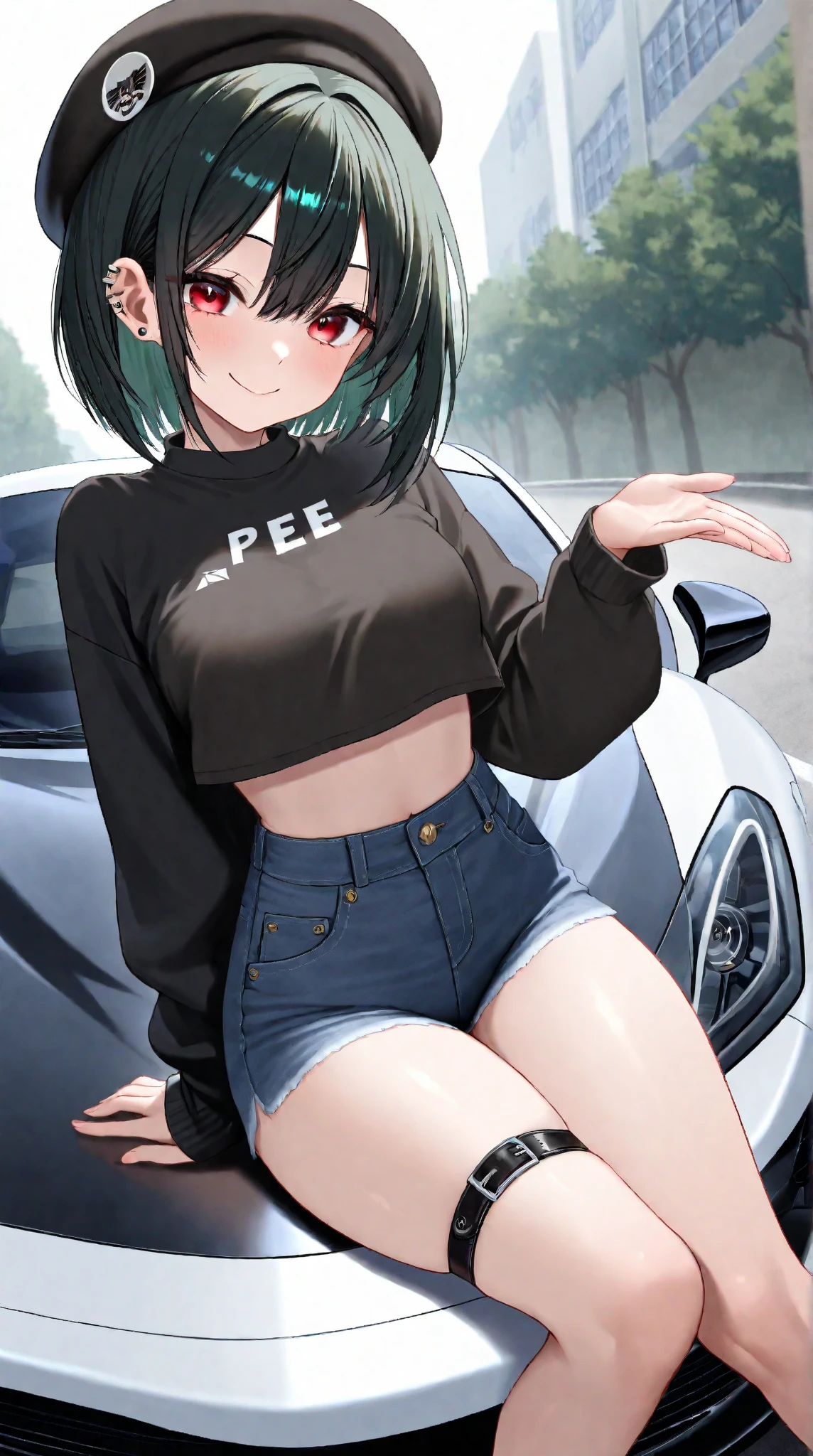 (masterpiece), (best quality), (high res) (solo), (perfect ???????) (perfect face), wolf and sheep hybrid, (black hair), (black wool), (curly short hair), fair skin, ambiguous gender, (1boy1girl), flat chest, wide hips, thick thighs, (blue jean mini shorts), (prostitute), ((red tiny top)), yellow glowing in the dark eyes, surprised, blushed, androgynous, (long eyebrows), ((deep red lipstick)), ((black eyeshadow)), sexy pose, in a street full of people, ((seated inside a car)), ((grabbed by an taller unknown man from behind)), ((money in her hands)), (((butt against a man crotch))), (((visible dick))), ((open pants))