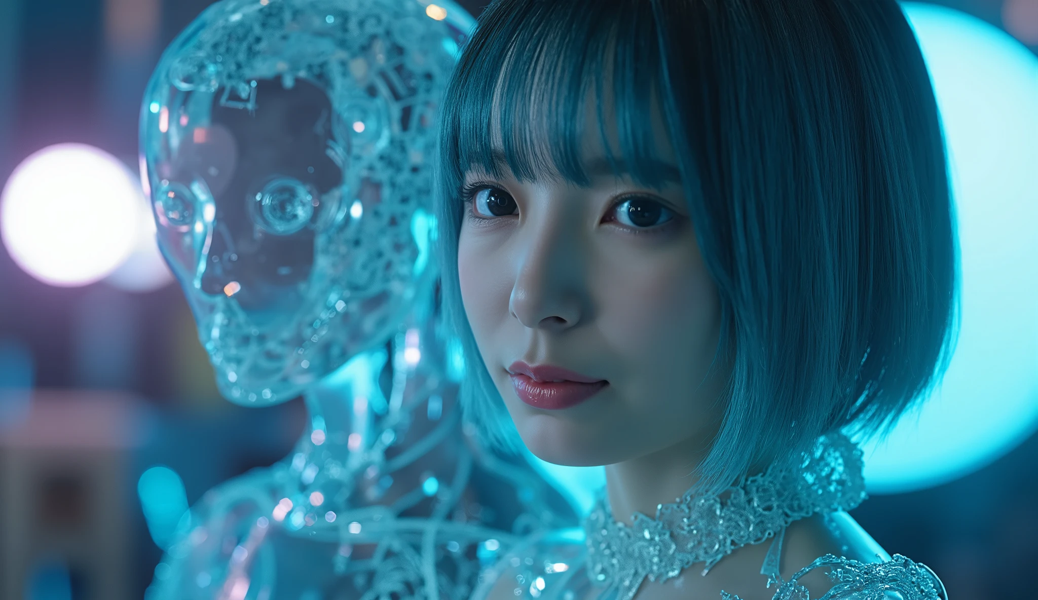 透明なglassの胴体のアンドロイド暗殺者少女、((glass))、glassの内部の機械、detailed skin、Blue Gray Short Hair Wolf Cut to Highlight Chest Shape 、27th Century Casino 、 Unforgivable Assassin with Fear of Failure、 Queen of Sadism  、 Sadomazo World 、Giving Despair  、 cruel、Sinister、torture、No escaping、 Blade Runner World 、 Delicate silver-carved body 、Mandala、  Technology from an Unknown Ancient Civilization  、Semi-permanent power source 、 Custom-made with over 20 years of history、 Works by Skilled Craftsmen  、Strong winds、Actual Product、  volume release for 1 photo , 、((Ancient technology  ))、(( Sexy model pose ))、 Cyberpunk 、Blue lens flare、 anamorphic lens 、Wide Angle Lens、nsfw:1.2、   A CUTE AND ATTRACTIVE ASIAN WOMAN   、 innocent face、 Beautiful face of a 20 year old 、  sexy idol、Actual Product、detailed skin、  volume release for 1 photo , 、 film art style、 cinematic light 、  Lomography  、Likeくて魅力的なアジア人女性、 beautiful fashion models 、 cute Japanese girls 、double eyelids、nsfw、(dull eyes)、(round face)、smile、thin lips、元気Likeいグラビアアイドル、Like々 Functional gravure idol 、Likeくてかわいいグラビアアイドル、Likeいグラビアアイドル、 Beautiful Japanese Female Face 、かわいい魅惑的なsmile、 Japanese model、  BEAUTIFUL ASIAN WOMAN  、 Cute beautiful face girl、expressionless、 cool face 、 Plump Cheeks 、Big Cheeks、 Strapless Dark Red Gothic ta Corset Mini Dress to Highlight Chest Shape、  Cute idol schoolgirl face  、 Immerse yourself in a dark world 、