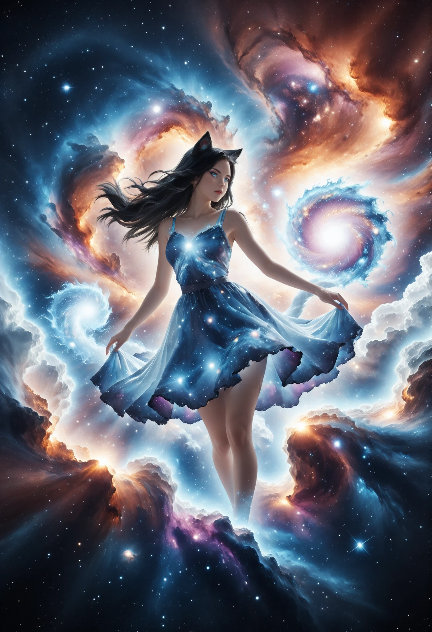 An incomprehensible and spectacular scene from a glowing cloud, A elemental girl,, (Blue fire and dark ice eyes) , 3D, cold colors, (no human),BREAK Non human with ethereal body ((transparent body made with mist) (ghost form), (((stellar goddess very charismatic and charming))), (supernatural being), ((black hair with purple streaks)) ,(Blue eyes), ((cat girl with elegant dress)) BREAK BREAK , ( eyeshadow, eyeliner))BREAK ((her body is covered by a mist and clouds that reflects universe )) BREAK ((cowboy shot view)), ((dark space, galaxy and universe in background:1.3)), dynamic pose, (holding a galaxy in hands ((fading in background) BREAK, (dynamic face), filaments of fractal nebula, Cosmic entities, celestial, Space, Turns, whirling, unreal, high contrast, symbolic, Magic, oversaturated, Colorful, [[[extremely detailed artgerm]]], [optical illusion] Dark curls, storm, vibrant, sunlit, absurdres, impressive, 120mm, outlining, wide thighs, luminous, glittering, reflections, lights, sky