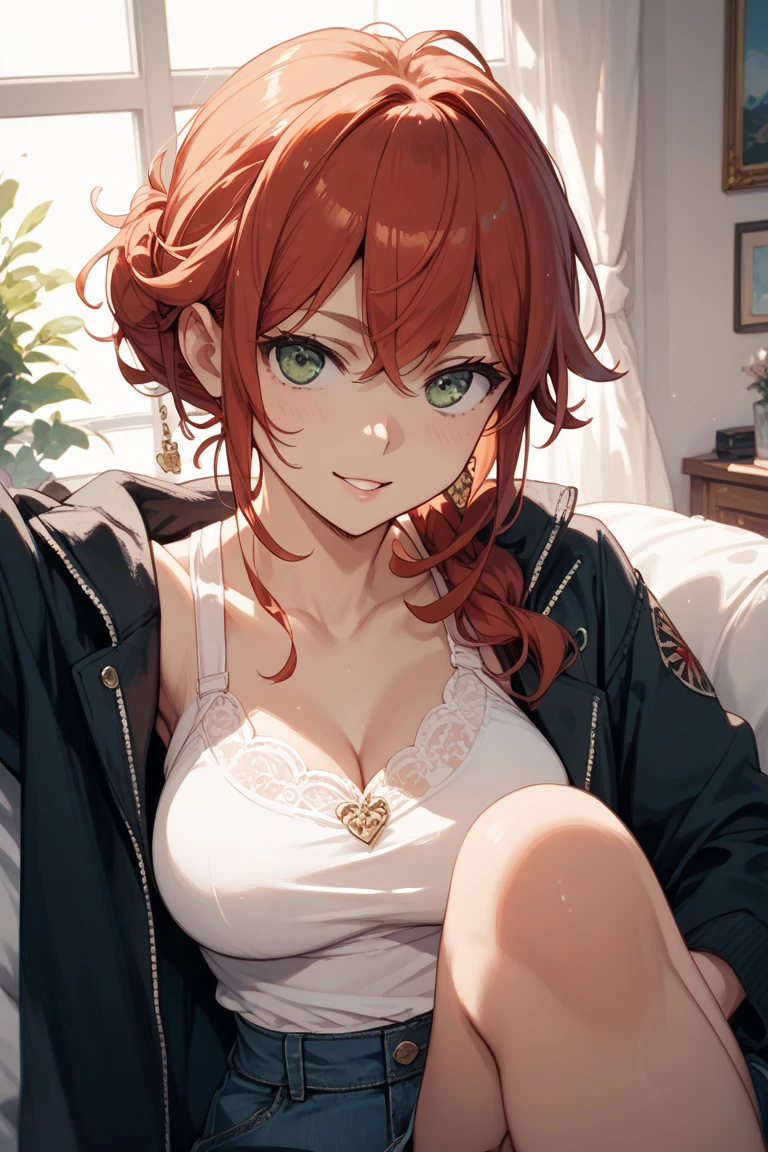 Busty red haired green eyed babe blushing lying in bed with clothes about to take off