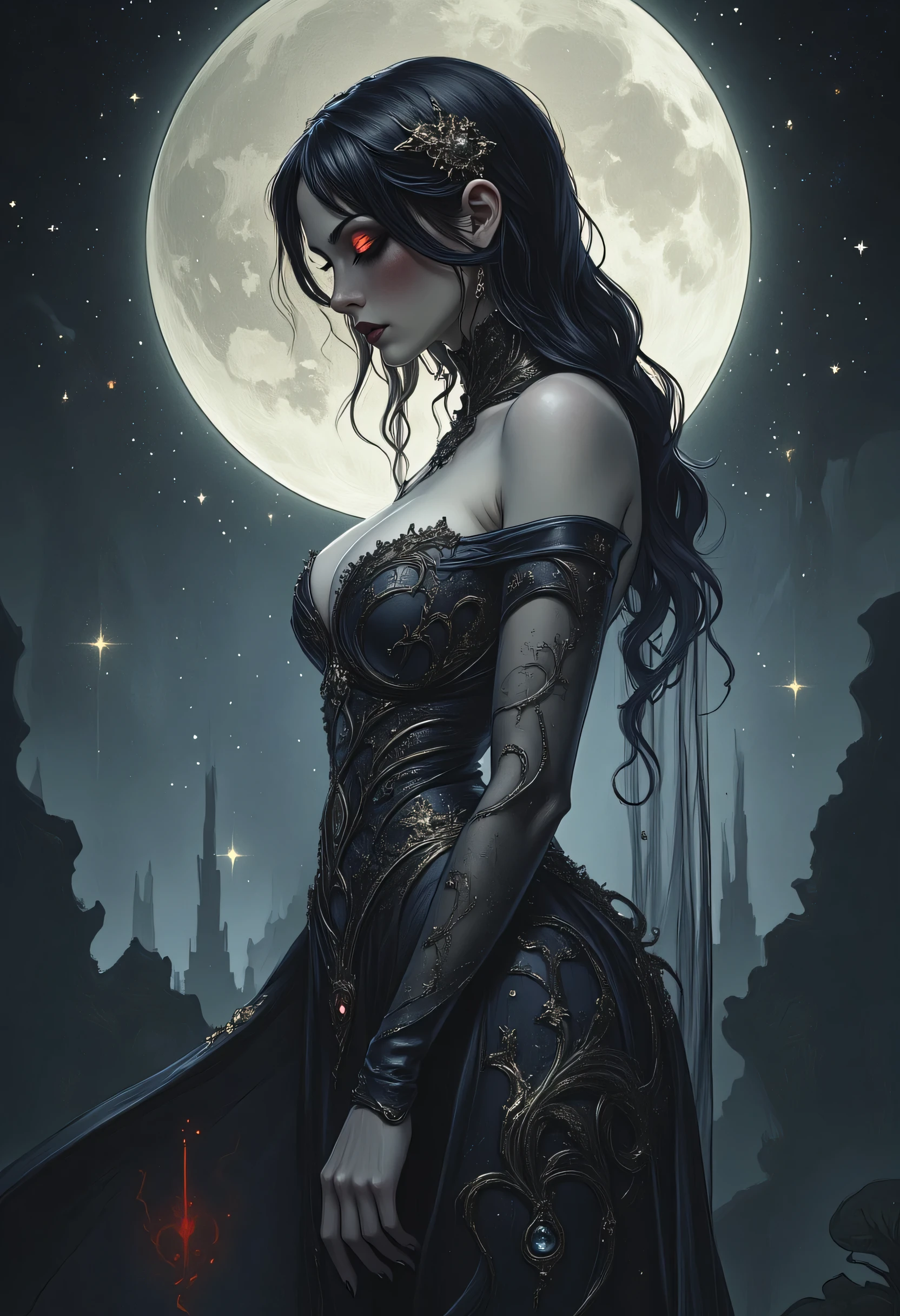 1970's dark fantasy heavy metal disc cover. natalie portman as a dark priestess girl. gentle smile. sitting. (Moon night desolation). freckles. slender and beautiful. intricate detail.