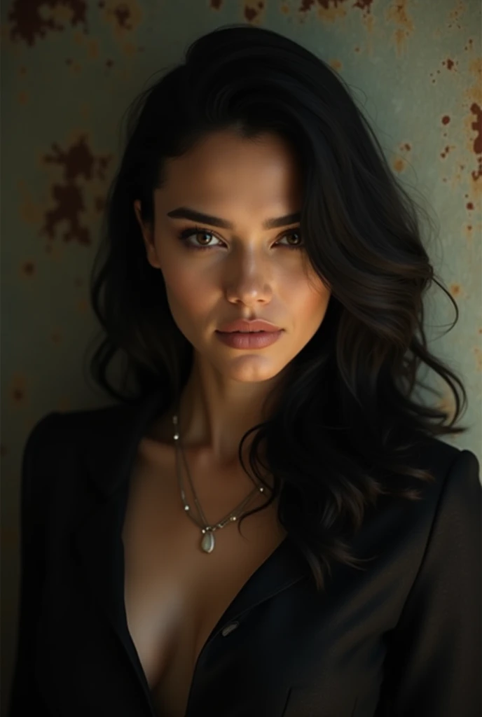 a latina woman, beautiful detailed eyes, beautiful detailed lips, extremely detailed face and skin, long eyelashes, dark brown hair, flawless skin, volumizing mascara, red lipstick, leather jacket, skinny jeans, high heels, dramatic lighting, dramatic pose, cinematic angle, chiaroscuro lighting, moody atmosphere, vibrant colors, photorealistic, 8k, best quality, masterpiece, intricate details
