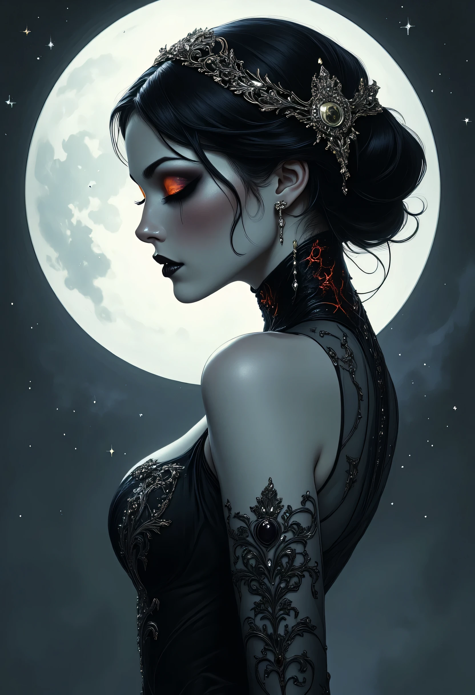 a picture of an epic beautiful female vampire, ghostly beauty, wearing transluminescent dress, black silk dress, intricate dress, transluminescent dress, transparent dress, red sleeves, epic beautiful female vampire, pale skin perfect body, ghostly beauty, serene beauty, lush hair, long hair, red glowing eyes, vampire fangs, stars entwined in the woman's hair, light caress the woman, moon light caress the dress, fantasy art, night time, the moon rises, creating award winning, photorealism, depth of field, hyper realistic, zavy-ctcmcs, Celestial Fantasy, dnddarkestfantasy, Art Deco