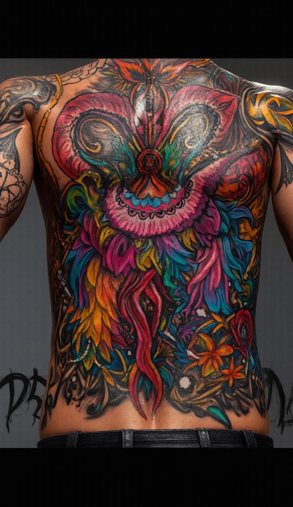 A tattoo of Zoro Roronoa with the three swords and purple and green sparkles