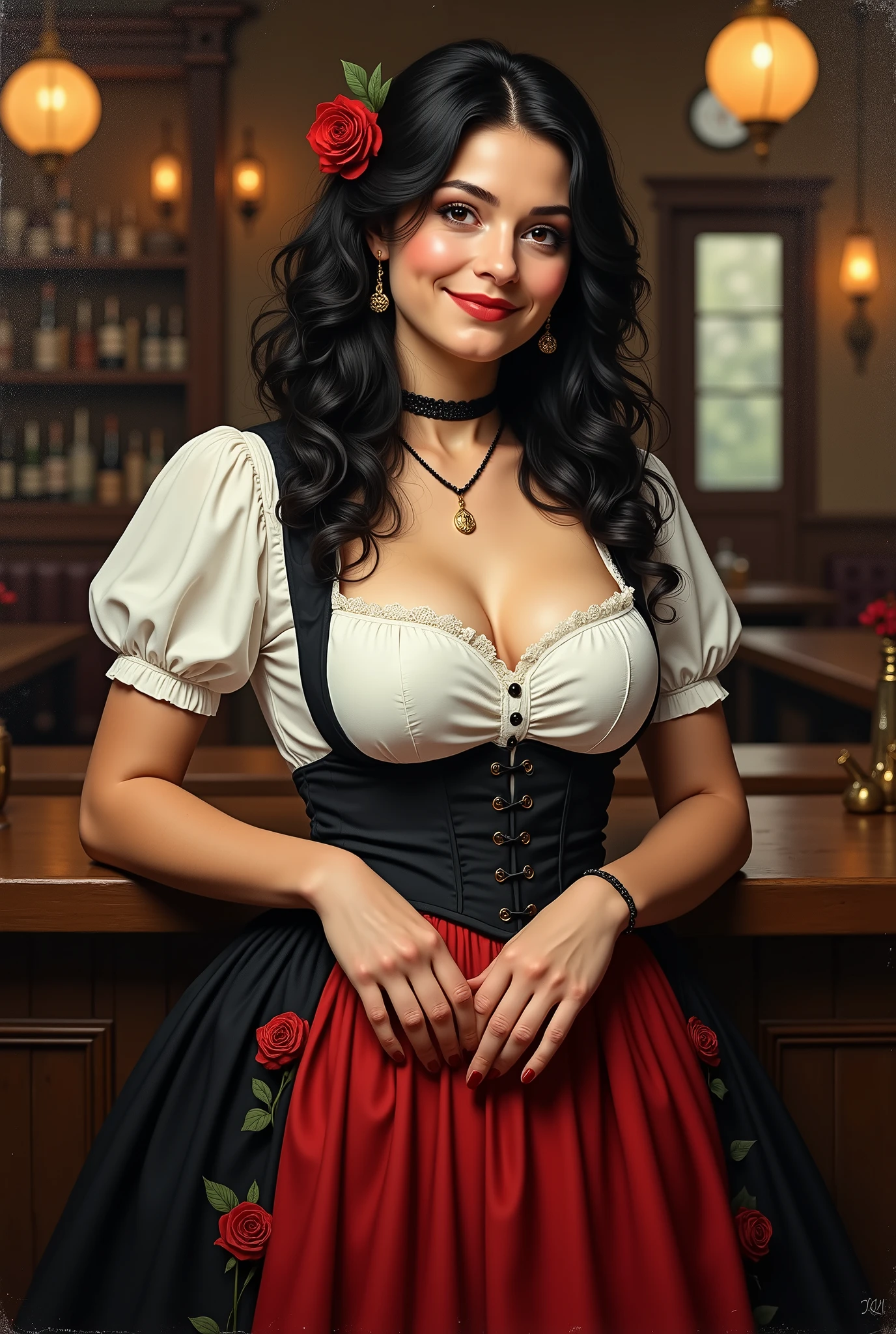 European woman, 30 years old, in.a fantasy world , a market with customers, waitress uniform, apron, Corset , long dress, glasses, Dark hair, red lips, Eye shadow, natural makeup, Ponytail, beautiful chest, big breasts,Second Life Avatar, Beautiful screenshot, Second Life, attractive woman, high quality, highly detailed skin