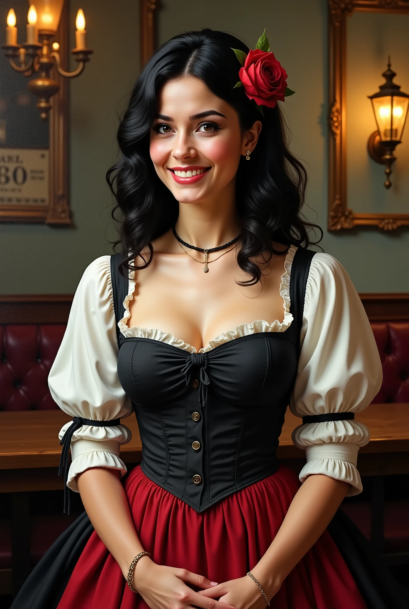 Create a portrait of a Czech bar-waitress with pretty-big breasts  in the pinup style. She has a playful and confident expression, exuding glamour. She is dressed in a red off-shoulder top with ruffled sleeves and decolletage, a black corset, and a short, polka-dotted skirt. She has an Afro hairstyle and dark skin. Her pose is playful, with one leg slightly raised and holding a tray of beer mugs. The image should have no background, focusing entirely on the waitress.