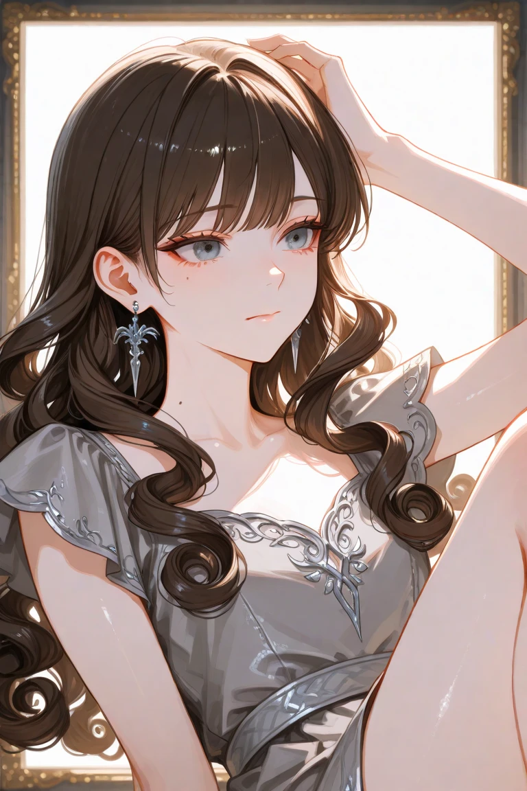 ((Biologically correct limb count))、(( Full-body photo including face))、4K、((Standing position))、masterpiece、((Focus on the face))、((Symmetrical facial features))、Eye for detailed depiction、Beautiful blue-haired woman、Excellent style、Beautiful clavicle、Beautiful feet、Beautiful Hands、Slender body、(Black Stockings、garter belt、High heels)、Facial detailing、Small earrings、necklace、(No sleeve、red gothic dress)、tie、sunny、(((Photo frame with white border)))、Seductive posture、((She is sitting with her buttocks thrust back and her upper body arched, looking up.))、Looking at the night view、(Low - Angle、A camera angle that captures the inside of a skirt from below)、(((Black Hair、Silver Hair)))、(((Moments of ecstasy)))、((Face forward and stick your chin out))、Close-up photo of the upper body、