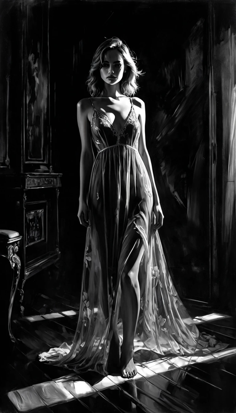 Outlined with black ink，smooth lines，Show the characters&#39; expressions and postures through the contrast of ink shades，The background is minimalist，Emphasis on light, shadow and space。wearing white hat、drawing of woman in black dress, fine art piece, CGSociety&#39;s Hot Topics, figurative art, style of Jeremy Mann,fully dressed. sexy painting, Wallop |, Ryan Hewitt, Jeremy Mannart