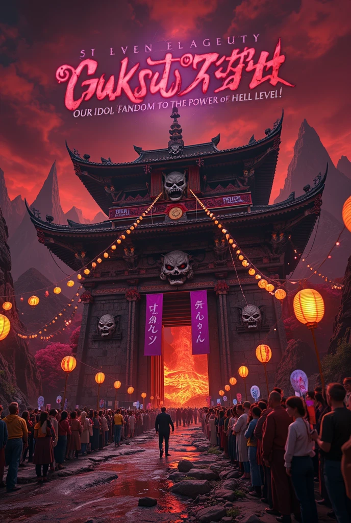High-quality cinematic animation. The camera reveals a towering, ominous Japanese-style temple nestled in a volcanic landscape, with fiery magma rivers flowing in the background. The movie title, "Gokusotsu Heaven", shines with a brilliant, neon glow above the temple. The eyes of the demonic mask carved into the temple entrance pulse with an eerie red light. The red rope-like LED lamps adorning the temple gate flicker and blink with vibrant energy, illuminating the path leading inside. Long lines of enthusiastic anime fans, clutching glowing サイリウム (cyalume/penlights) and 扇子 (sensu/folding fans), move past imposing Jizo-shaped ticket checker displays and enter the gate. The atmosphere is a unique blend of hellish dread and J-Pop idol enthusiasm, conveying a sense of otherworldly excitement.
Cinematic animation, vivid colors, intense lighting.