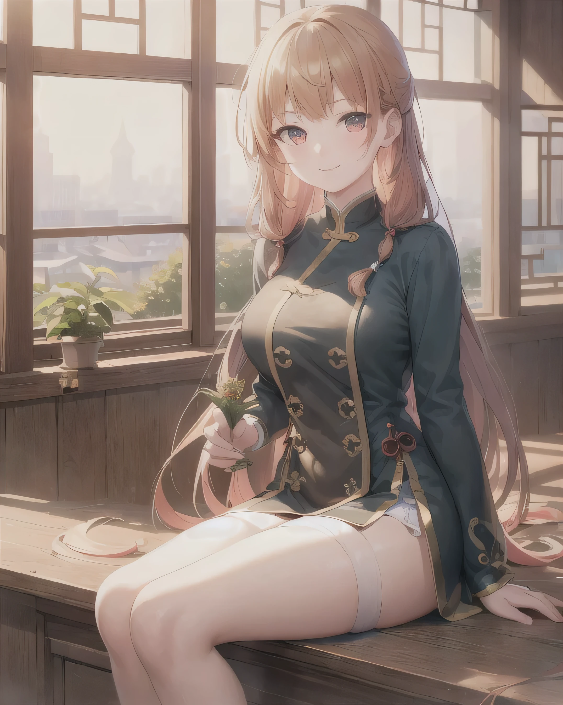 masterpiece, best quality,indoors,Wood windows,Chinese architecture,1girl,bandage,sitting, smiling,star eyes, holding herbs, large breasts, long strawberry blonde hair, golden amber eyes, Accurate, Anatomically Correct, Best Quality, HD, High Details, High Quality, Textured Skin, Soft Colors