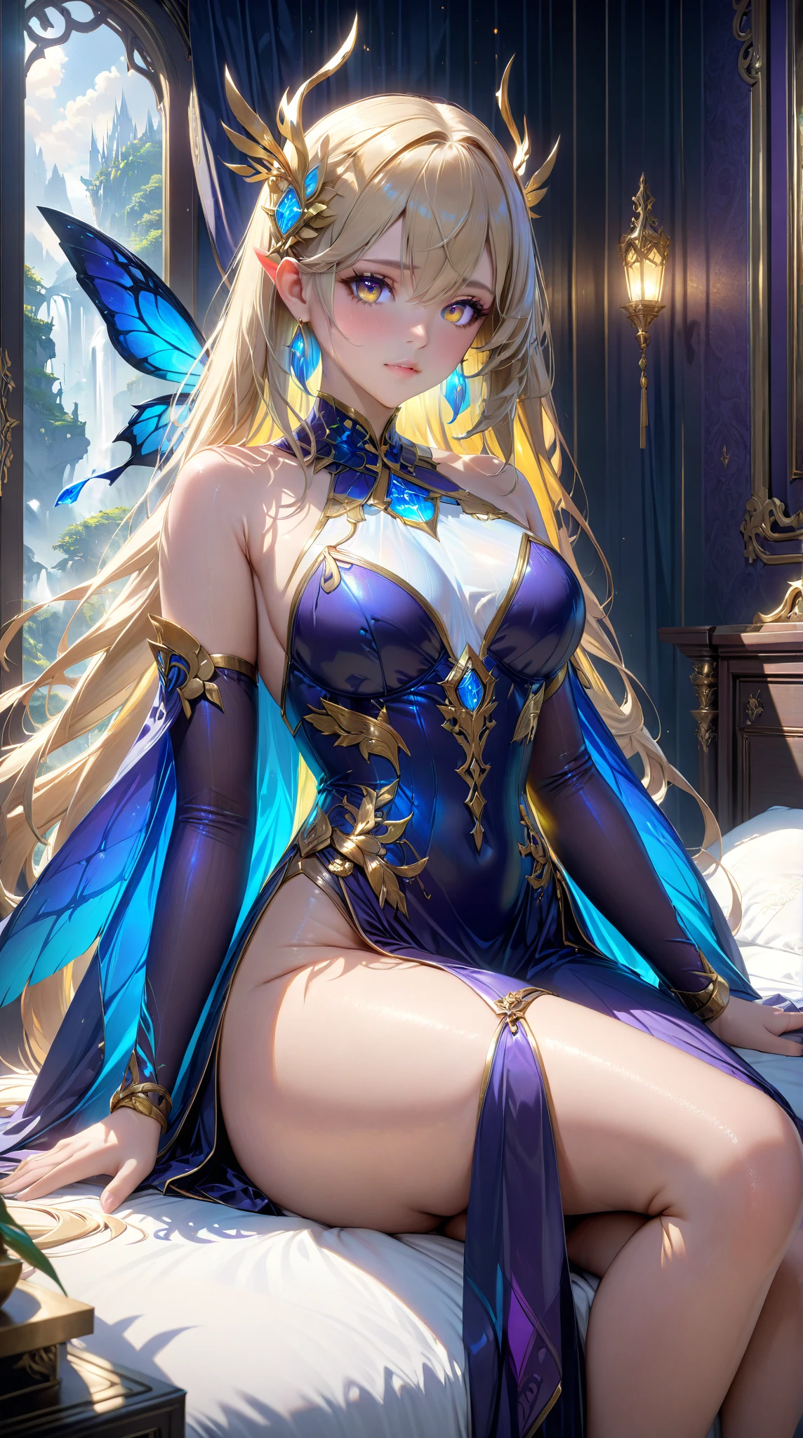 hiquality, hight resolution, ultra-detailliert, high-level image quality, hightquality, anime illustrated, (finely detailed beautiful eye: 1.2), Detailed eye depiction, (finely detailed  eyes and detailed face:1.3), (extremely details CG, Best Shadow:1.1), Depth of field and blur, (Perfect Detail: 1.1) , digitial illustration, Enamel Art, Center, Watercolor painting, art  stations, concept-art, character sheets, Lightning Wave, beautiful anime watercolors, Vibrant colors, Sharp Focus, art by:hyung tae kim, Fine detail, intricate detailes, highleg,  Colossal tits, gargantuan butt、Curvaceous body, Detailed eye depiction, Vibrant colors, Sharp Focus, realistic skin textures、Whip body,Beautiful girl with butterfly wings:1.5, (blue and black wings with eyespots:1.4), (large and curved wings that cover the body:1.3), (silver necklace and earrings:1.2), (long blonde hair with curls:1.3), (blue makeup:1.2), (standing and looking at the sky:1.4), (forest with flowers and sunlight:1.3)