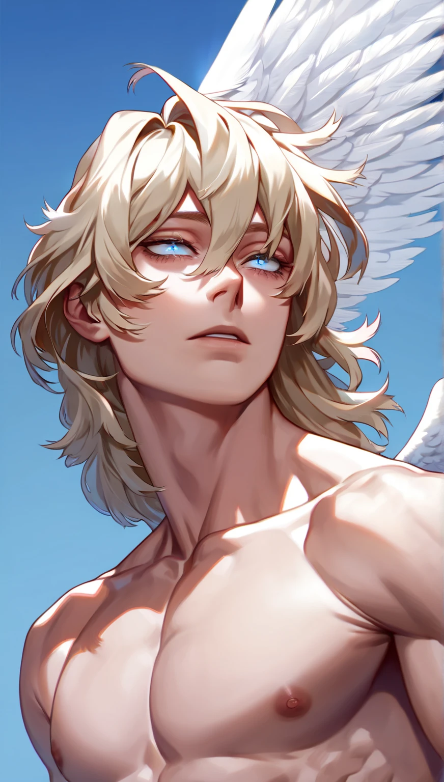 (masterpiece), best quality, expressive eyes, perfect face ,male focus, 1boy, solo, Blonde hair, medium hair, clean hair, tall, angel, heavenly host, Soldier, halo, green eyes, shirtless, toned, abs, selfie, hazbin hotel