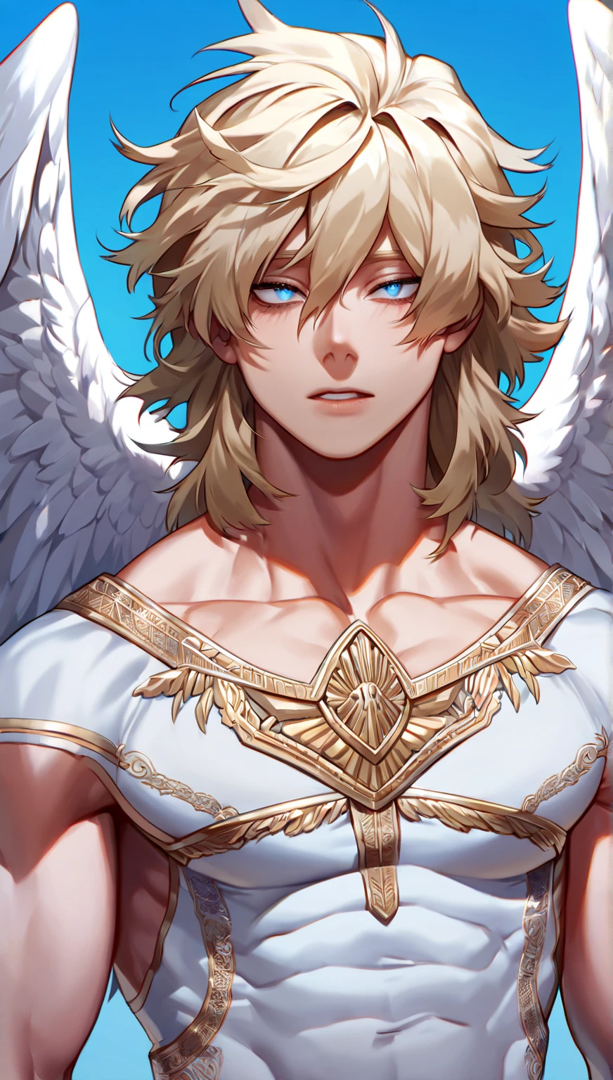 (masterpiece), best quality, expressive eyes, perfect face ,male focus, 1boy, solo, Blonde hair, medium hair, clean hair, tall, angel, heavenly host, Soldier, halo, green eyes, shirtless, toned, abs, selfie, hazbin hotel