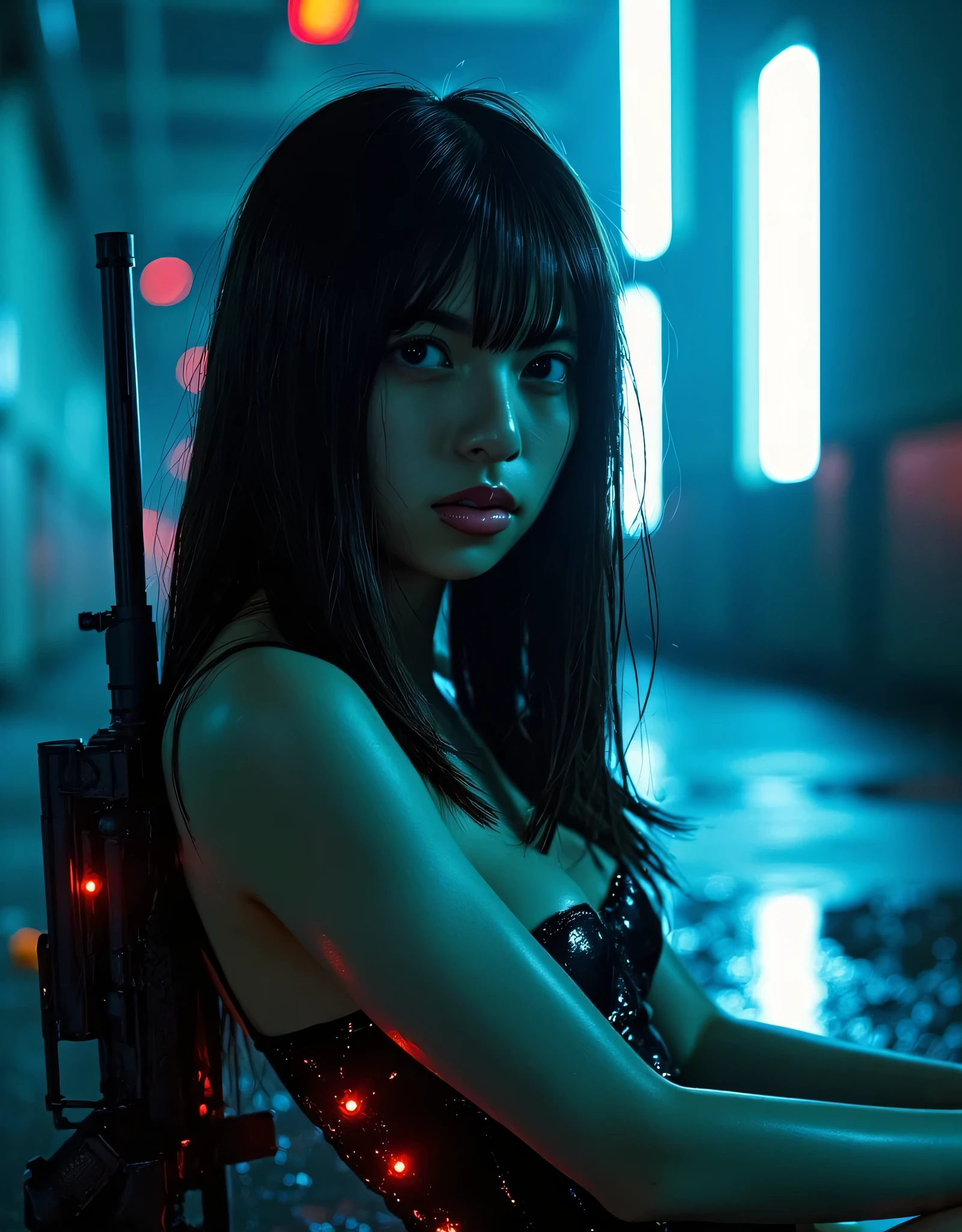 (((Inside the Nostromo at night:2.0))),(((HR Gigger style cyberpunk atmosphere:2.0))),(((stick their butts out:2.0))),(((on all fours:2.0))),side view from the back,Side pose,((Looking back and looking at the camera:2.0)),((look back over my shoulder:2.0)),(put your knees on the floor:2.0),butt up,one woman,(cute face:1.7),(Beautiful well-balanced face :1.5),((long hair with bangs:2.0)),(black hair:1.5),(Beautiful Eyes:1.3),20-year-old Japanese woman wearing bright red paint all over her head,Beautiful slender body,((model body type:2.0)),((slim body:1.7)),Perfect Body Line,Ideal Proportions,((big breasts:2.0)),((スリーサイズ90-58-86:3.0)),((G Cup Breasts:1.5)),Big Breasts,Bare thighs,Sensual Thighs,delicate body,(succulent:1.7),(drenched:1.7),natural posture,((toned, beautiful butts:2.0)),((cute ass:2.0)),carefully depicts limbs based on perfect anatomy,((Super high-leg leotard that is translucent black and glows with LEDs:2.0)),(((super high-leg leotard made of form-fitting glass:2.0))),((Military coat-style black kimono with an open back over a leotard:2.0)),(((Clear blue LED skeleton:2.0))),((Tactical Holster:2,0)),(gloves:1.3),concept art,(Best Quality:1.5),(masterpiece:1.5),(超高resolution),resolution,UHD,(Delicate Description), carefully drawn with butterfly wings ,32k,((realistic skin texture that shows through the whole body:1.5)),(((super realistic:1.5))),carefully draw eyelashes,very detailed face,Highly detailed female hand, Sexy appearance ,very sensual,(Blurry Dim Backgrounds :1.5),Professional Photography,(movie lights:2.0),((Blade Runner style lighting:2.0))