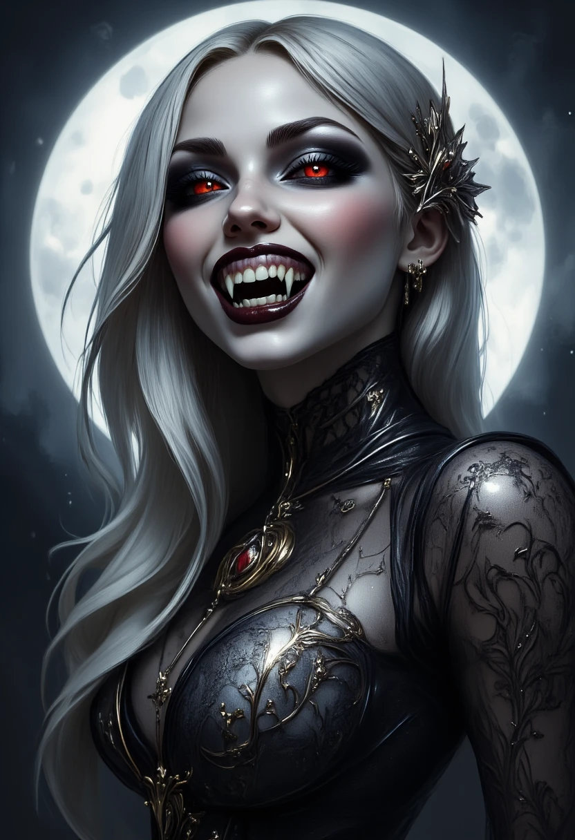 a picture of an epic beautiful female vampire, ghostly beauty, wearing transluminescent dress, black silk dress, intricate dress, transluminescent dress, , red sleeves, epic beautiful female vampire, pale skin perfect body, ghostly beauty, serene beauty, lush hair, long hair, red glowing eyes, vampire fangs, stars entwined in the woman's hair, light caress the woman, moon light caress the dress, fantasy art, night time, the moon rises, creating award winning, photorealism, depth of field, hyper realistic, zavy-ctcmcs, Celestial Fantasy, dnddarkestfantasy, Art Deco, Dracula