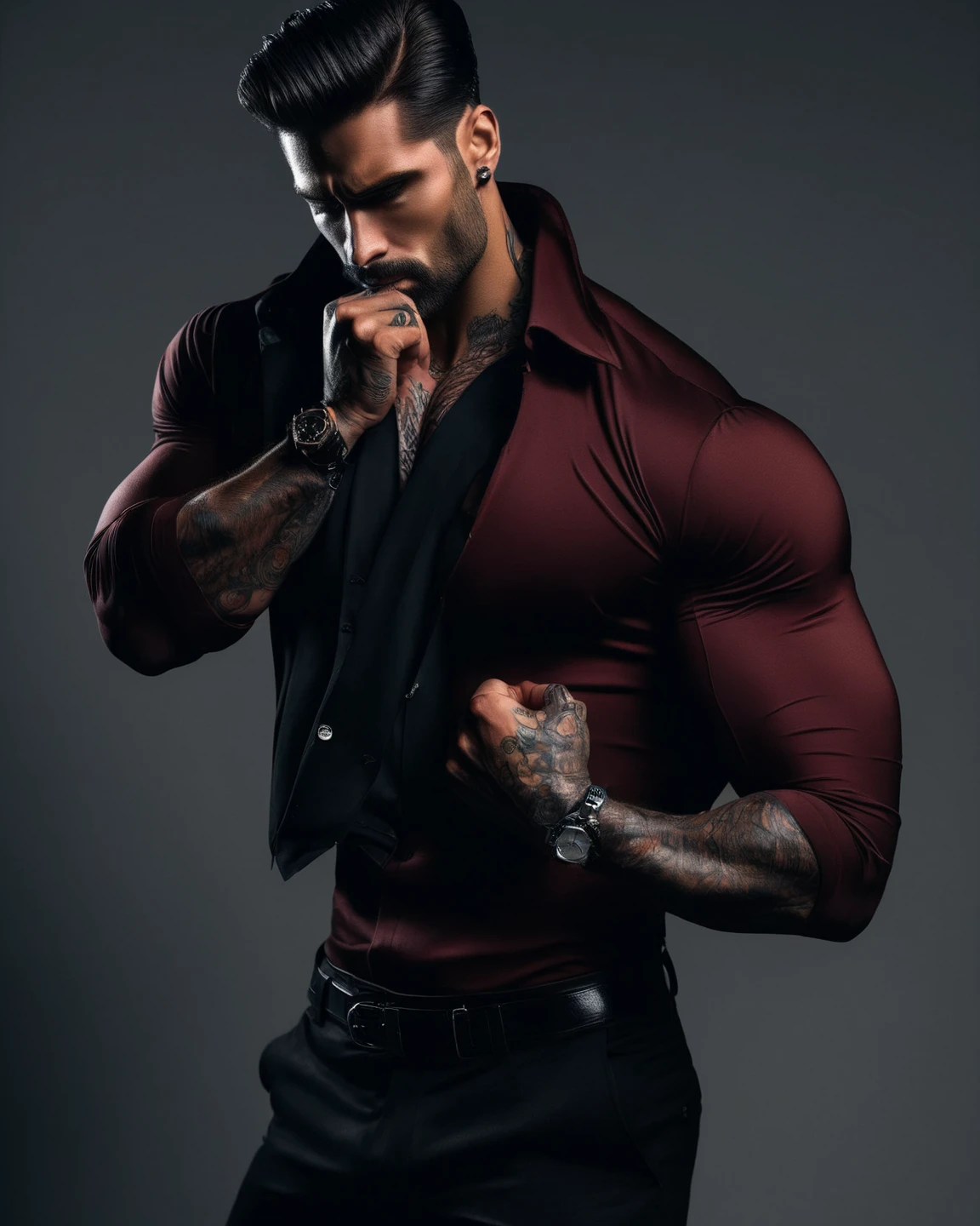 a muscular handsome man, dark red suit, bare muscular chest, black hair, sexy expression, perfect detailed face, tattooed chest, hyper realistic, 8k, high contrast,
