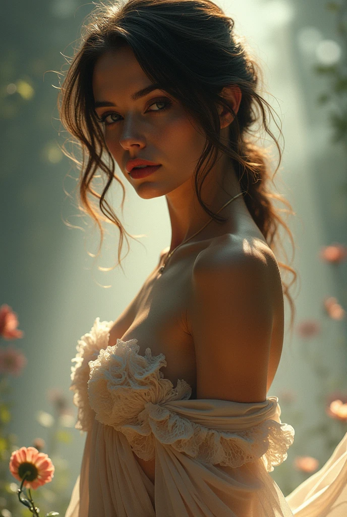 stunning midsummergirl, princess, sweaty, sunlit, dripping, skimpy, leaning back, 8K,Best quality, masterpiece, ultra high res, (photorealistic:1.4), raw photo, (Authentic skin texture:1.3), (film grain:1.3), 1girl, beautiful detailed eyes and face,masterpiece, best quality, cottoncandy land, curvy beauty, style of Carne Griffiths and david hamilton, ripped jeans, pastel dreamy light, bathing in backlighting, opening buttons, sunrays, petals falling, roses, fog, haze, sunlit, in attic covered in flowers and petals, godrays, cozy, morning dew, backlighting, hazy, golden hour, morning light, erotic mood, countryside, masterpiece, best quality, ultra-detailed, solo, smoke, shadows, contrast, cinematic light, side lighting, ultra high resolution, best shadow, RAW, 4k, ultra-realistic style, detailed face, colofUnreal Engine 5, Cinematic, Color Grading, portrait Photography, Ultra-Wide Angle, Depth of Field, hyper-detailed, beautifully color-coded, insane details, intricate details, beautifully color graded, Unreal Engine, Cinematic, Color Grading, Editorial Photography, Photography, Photoshoot, Shot on 70mm lens, Depth of Field, DOF, Tilt Blur, Shutter Speed 1/1000, F/2