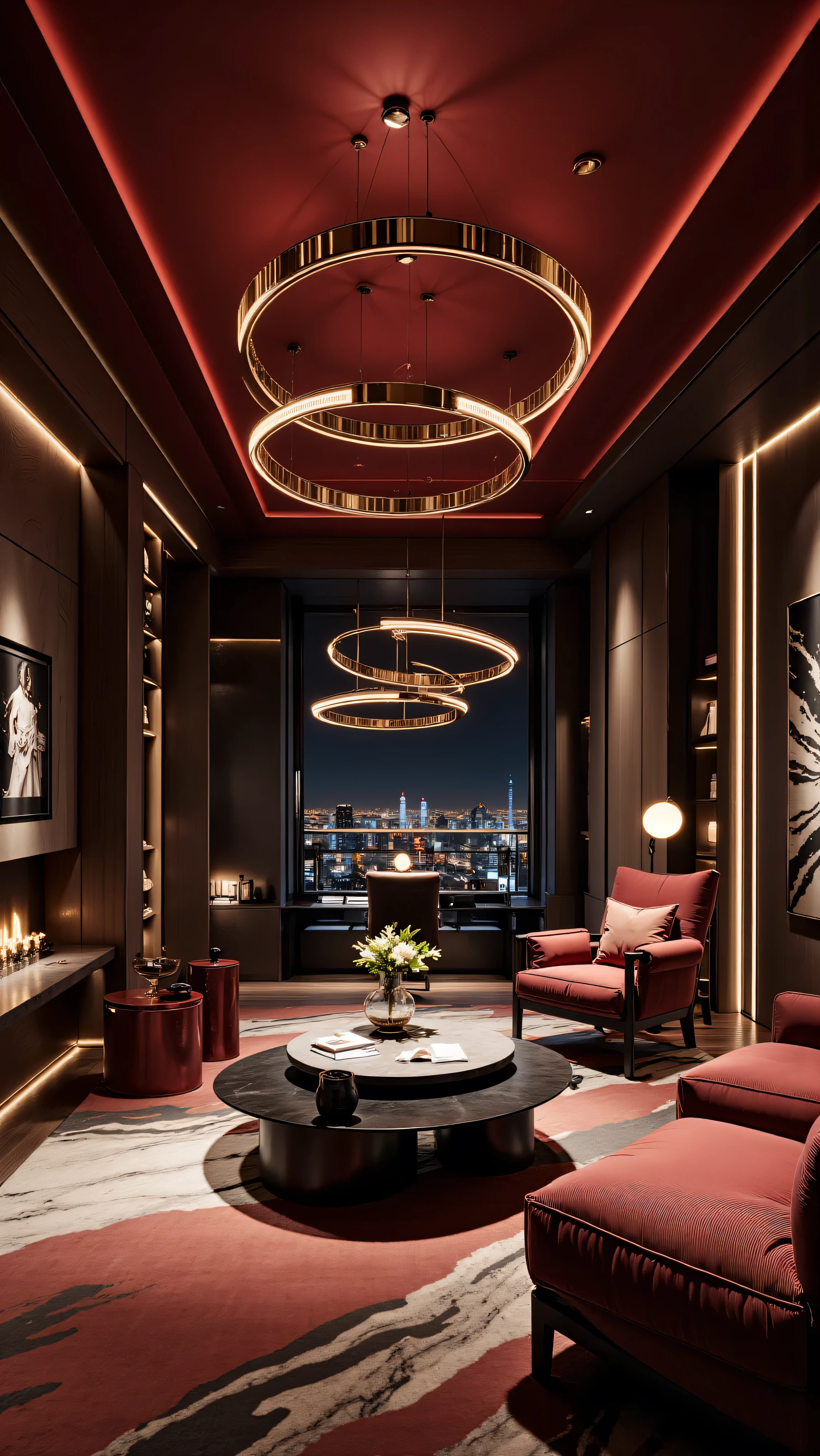 Shanghai,上海，4K,8K,Studio Quality,Inside Highclass Penthouse Tower Living room, make the photo realistic, vibes color with red and dark, Billionaire Vibes Living Room,Full Furniture. 