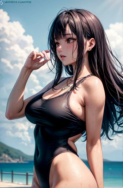 Dark Skinの女の子、masterpiece、One girl per photo、(Seaside、sitting on the beach、Knee Up、Brush your hair up、sexy)((Dark Skin、26-year-old girl、Sparkly Makeup、Mature face、Super big boobs、Dark Skin))((Dark Skinの色、Realistic Skin、Dark Skin))((Shining Eyes))((denim、Overalls Dresses、Damage、Extremely uper big boobs、Erotic))(((Embarrassed face、Mouth open)))((Long Hair、Elaborate hairstyles、Brown Hair))((Round big 、Narrow waist、Thin thighs、Long legs))((Dark Skin、色がDark Skin、Ultra-realistic、Perfect limbs、Perfect fingertips))Dark Skin、Attractive pose、short boots、大胆でsexyなポーズ、(((((Dark Skin、sexyショット、Put your arms behind your back)))))