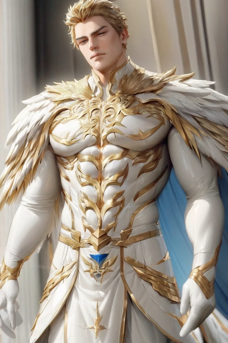 masterpiece, 8k, perfect ligthing, soft light, nice adult man, royalty, royal, golden wings, crown royal gold, chest out, male, full body, looking at viewer, arm behind back, cinematic lighting, fairy male man with red and gold details --auto