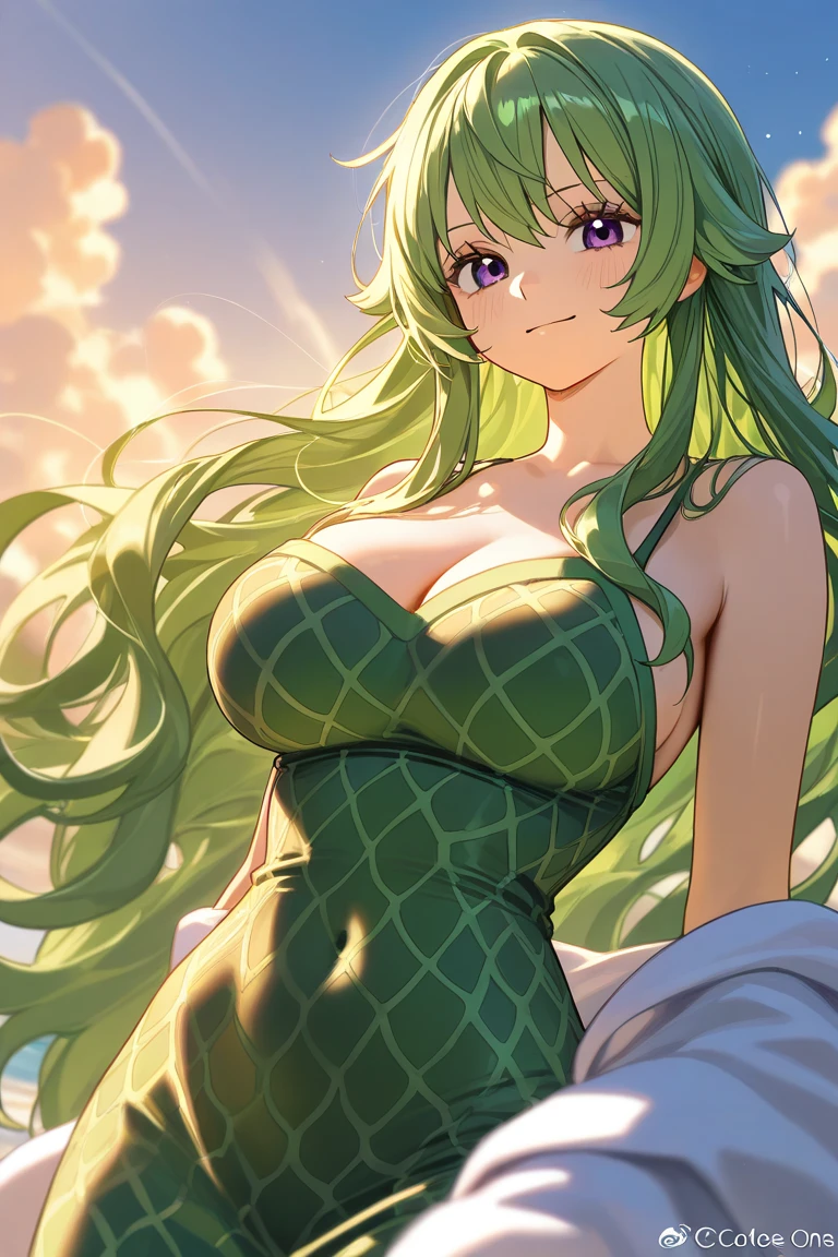 Hisui E. Flower, Woman 18 years old, green hair, emerald eyes , SMILE, blush, big breasts, elegant dress, background a castle.