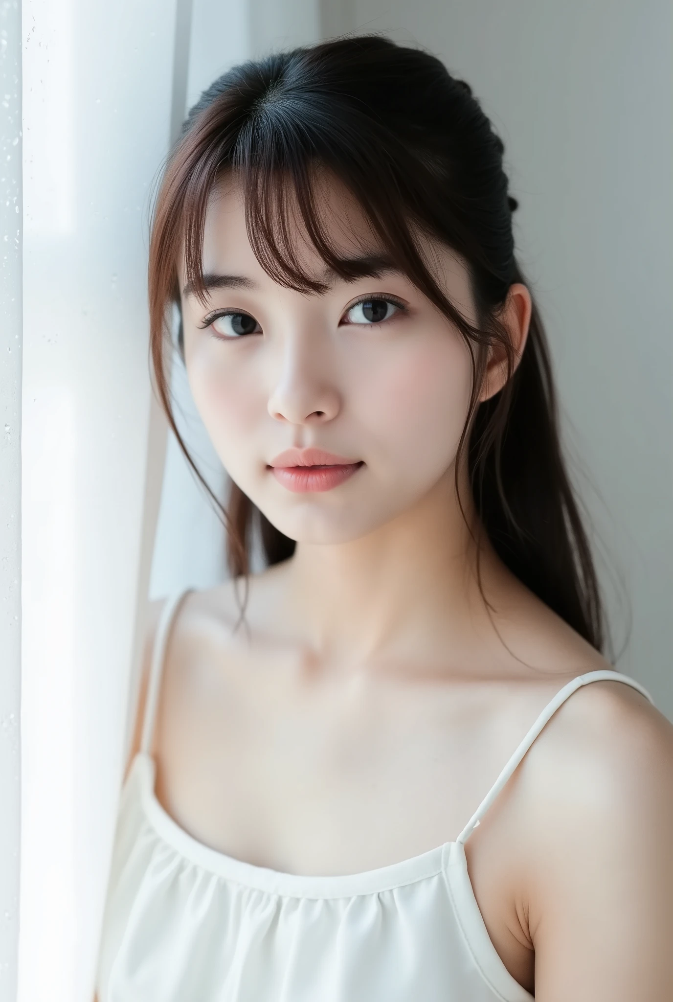 Create a photo collection featuring a beautiful Japanese idol girl with fair skin. She has long straight hair styled in a ponytail with bangs. She is wearing a delicate white dress, embodying elegance and purity. The setting is a bright white room, with raindrops visible on the window, capturing the graceful melancholy of a rainy day. The camera angle is positioned outside the window, capturing her candid expressions, highlighting her innocence and charming transparency.
