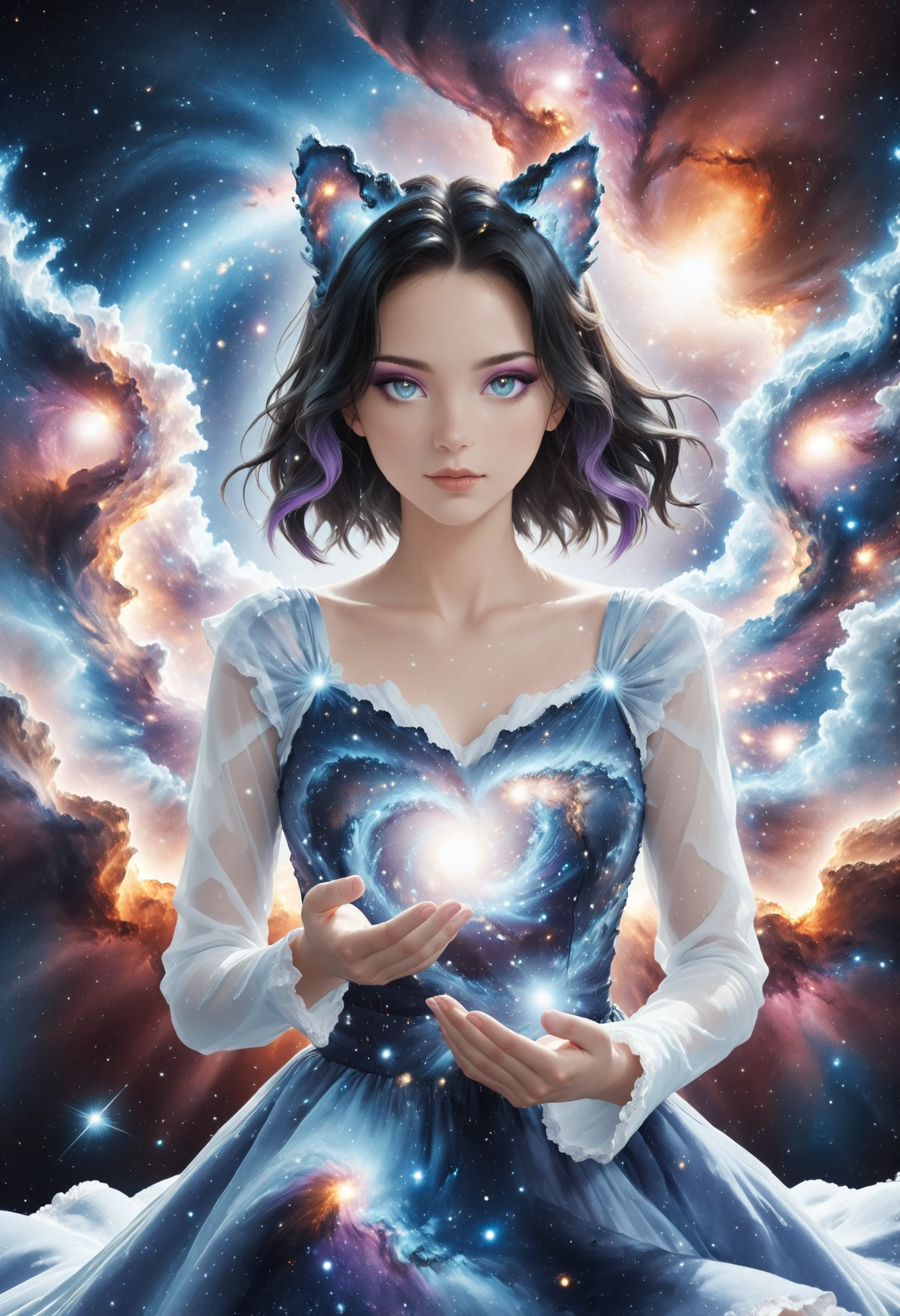 An incomprehensible and spectacular scene from a glowing cloud, A elemental girl,, (Blue fire and dark ice eyes) , 3D, cold colors, (no human),BREAK Non human with ethereal body ((transparent body made with mist) (ghost form), (((stellar goddess very charismatic and charming))), (supernatural being), ((black hair with purple streaks)) ,(Blue eyes), ((cat girl with elegant dress)) BREAK BREAK , ( eyeshadow, eyeliner))BREAK ((her body is covered by a mist and clouds that reflects universe )) BREAK ((cowboy shot view)), ((dark space, galaxy and universe in background:1.3)), dynamic pose, (holding a galaxy in hands ((fading in background) BREAK, (dynamic face), filaments of fractal nebula, Cosmic entities, celestial, Space, Turns, whirling, unreal, high contrast, symbolic, Magic, oversaturated, Colorful, [[[extremely detailed artgerm]]], [optical illusion] Dark curls, storm, vibrant, sunlit, absurdres, impressive, 120mm, outlining, wide thighs, luminous, glittering, reflections, lights, sky