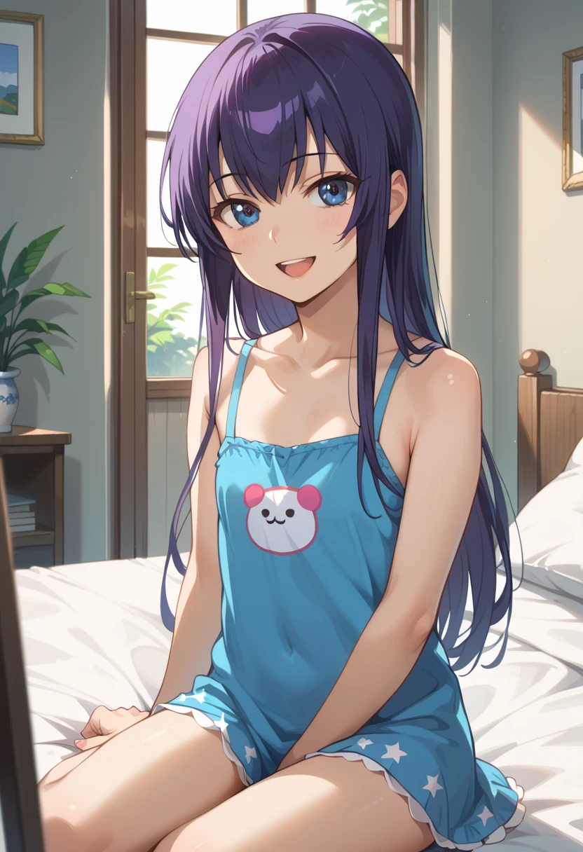 ((Best Quality)), ((masterpiece)), (be familiar with), completely complete, indoor, bedroom, watching viewers,
One woman, Saeko Tokushima,
open mouth, ecstatic expression, cover, smile,
small , flat chest, Young girl, lori, ren, girl,
long hair, long hair,
opening,