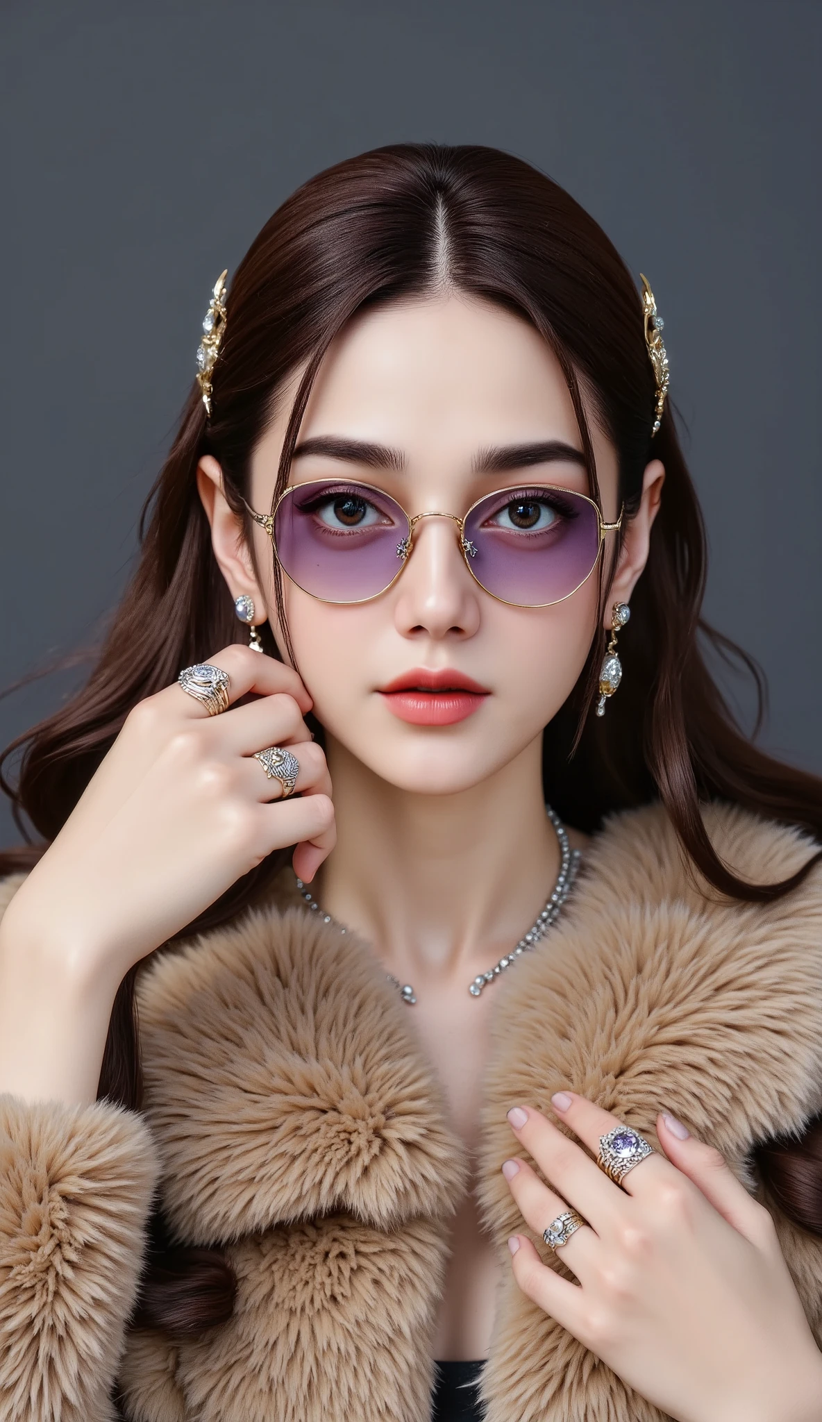 photography A beautiful Korean woman wearing a hijab wearing a purple hat, purple glasses with a moon and star motif, and a fur coat. They had their hair braided and wore rings in the brand's Realistic 36K